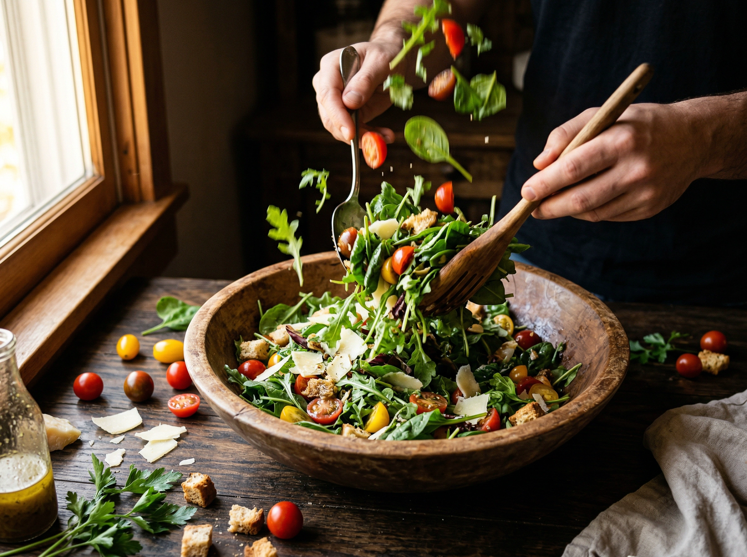Dynamic action shot of hands tossing fresh salad in wooden bowl with ingredients in motion for food blog