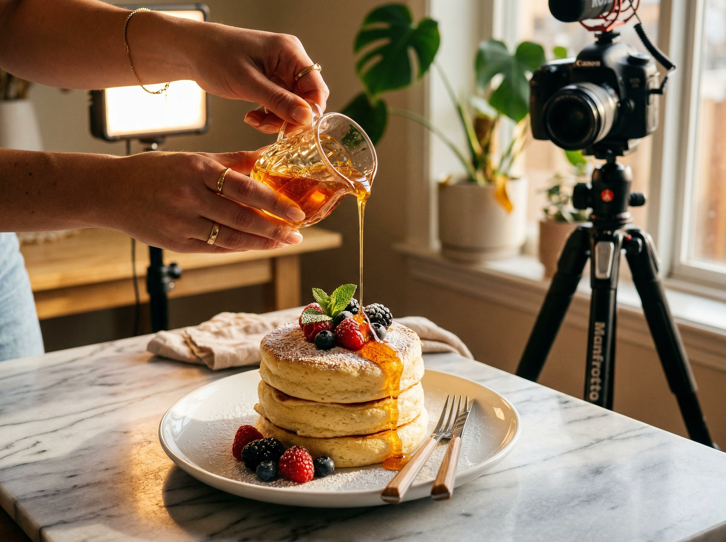 Hands drizzling honey over Japanese souffle pancakes with berries while photographing for food blog content