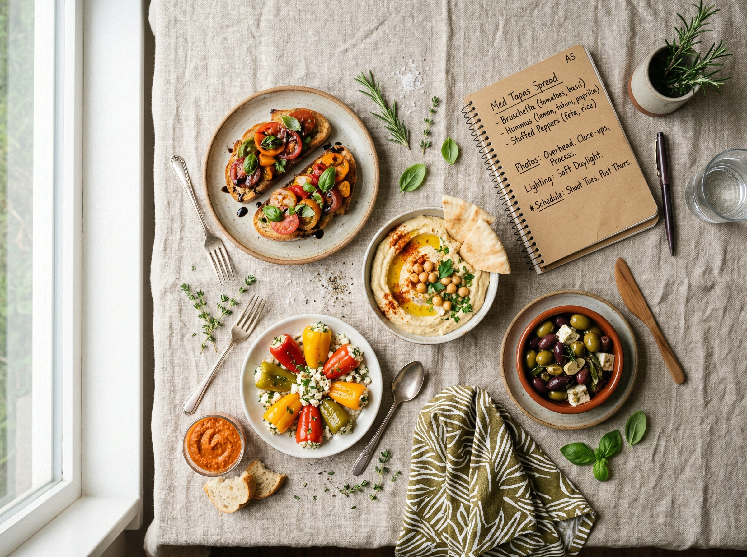 Overhead view of styled Mediterranean tapas plates on linen tablecloth with content planning notebook for food blogging