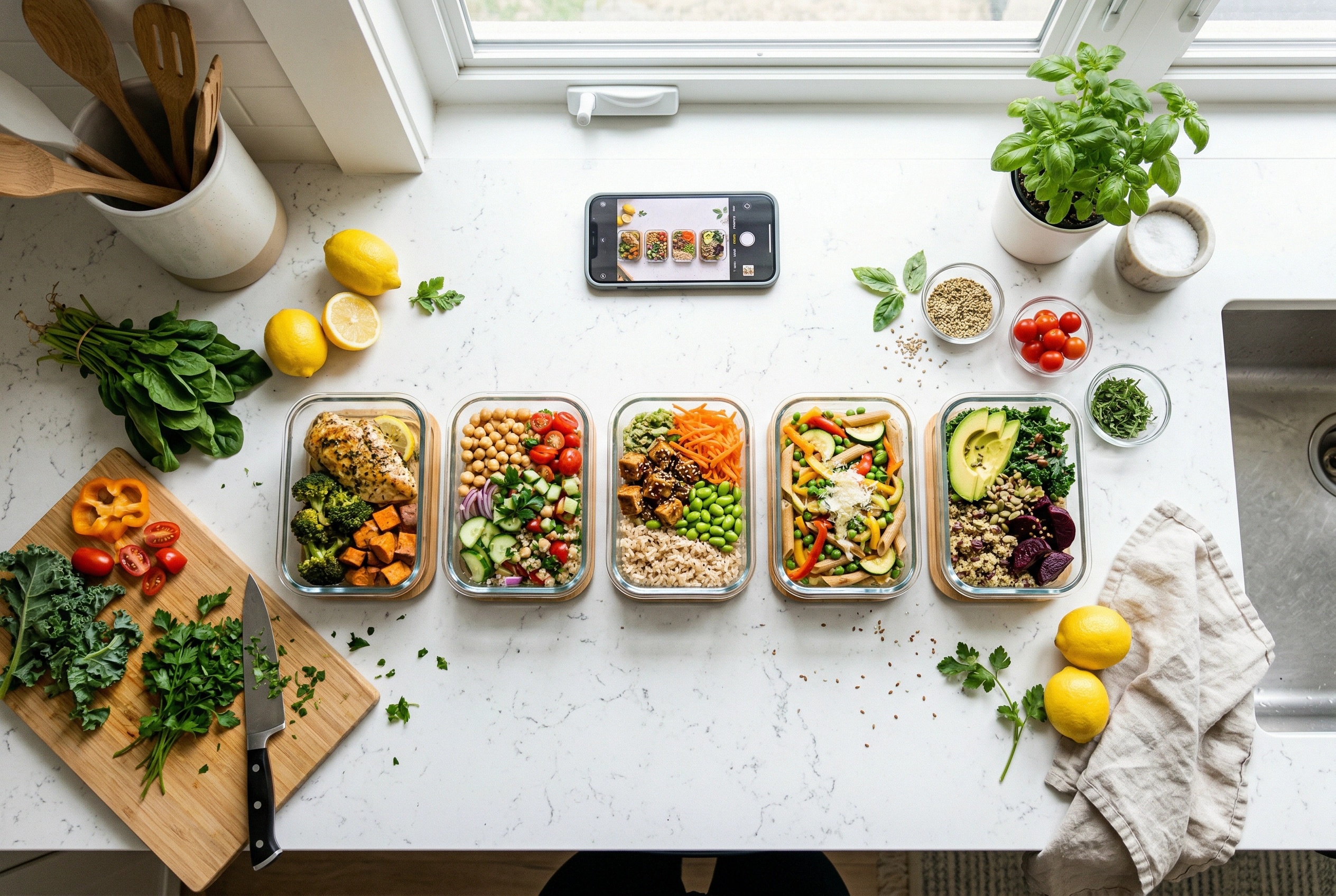 Meal prep containers with colorful healthy dishes arranged for food blog photography on white kitchen counter