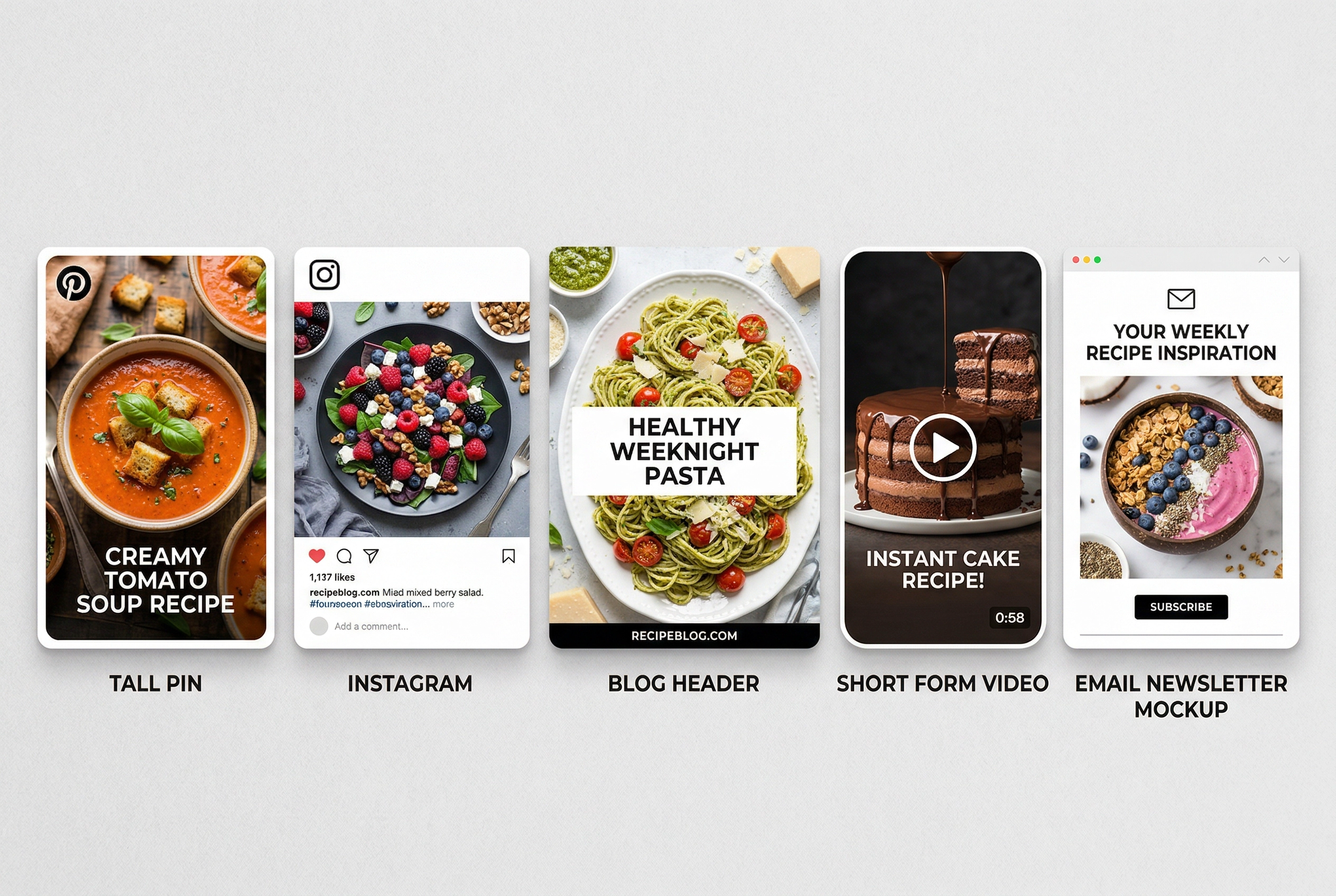 Multi-platform food content layouts showing Pinterest pin, Instagram post, blog header, and email newsletter formats