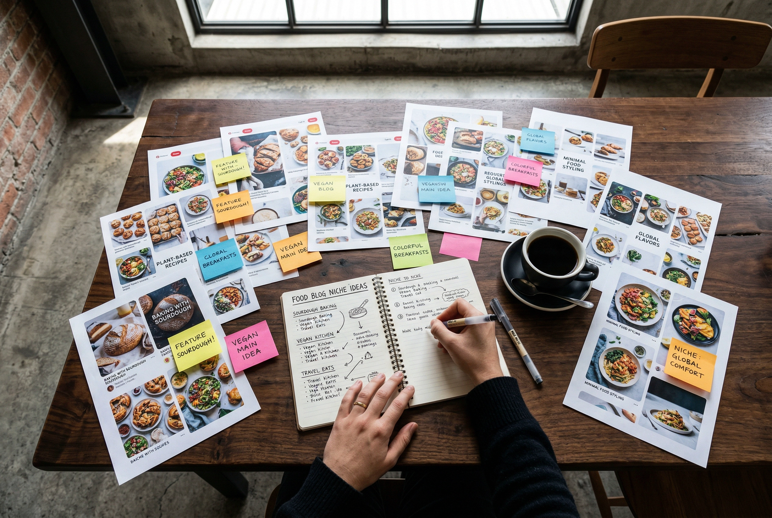 Food blogger brainstorming niche ideas in notebook surrounded by Pinterest food inspiration on dark wood table
