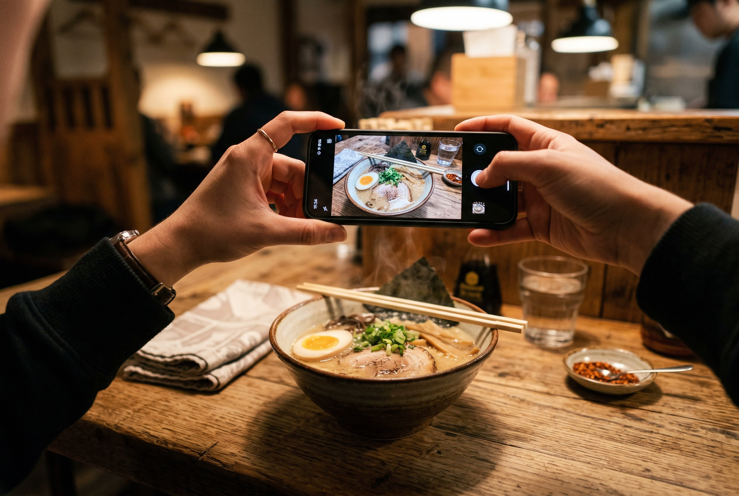 Hands holding smartphone photographing a steaming bowl of ramen on rustic wooden table with warm lighting