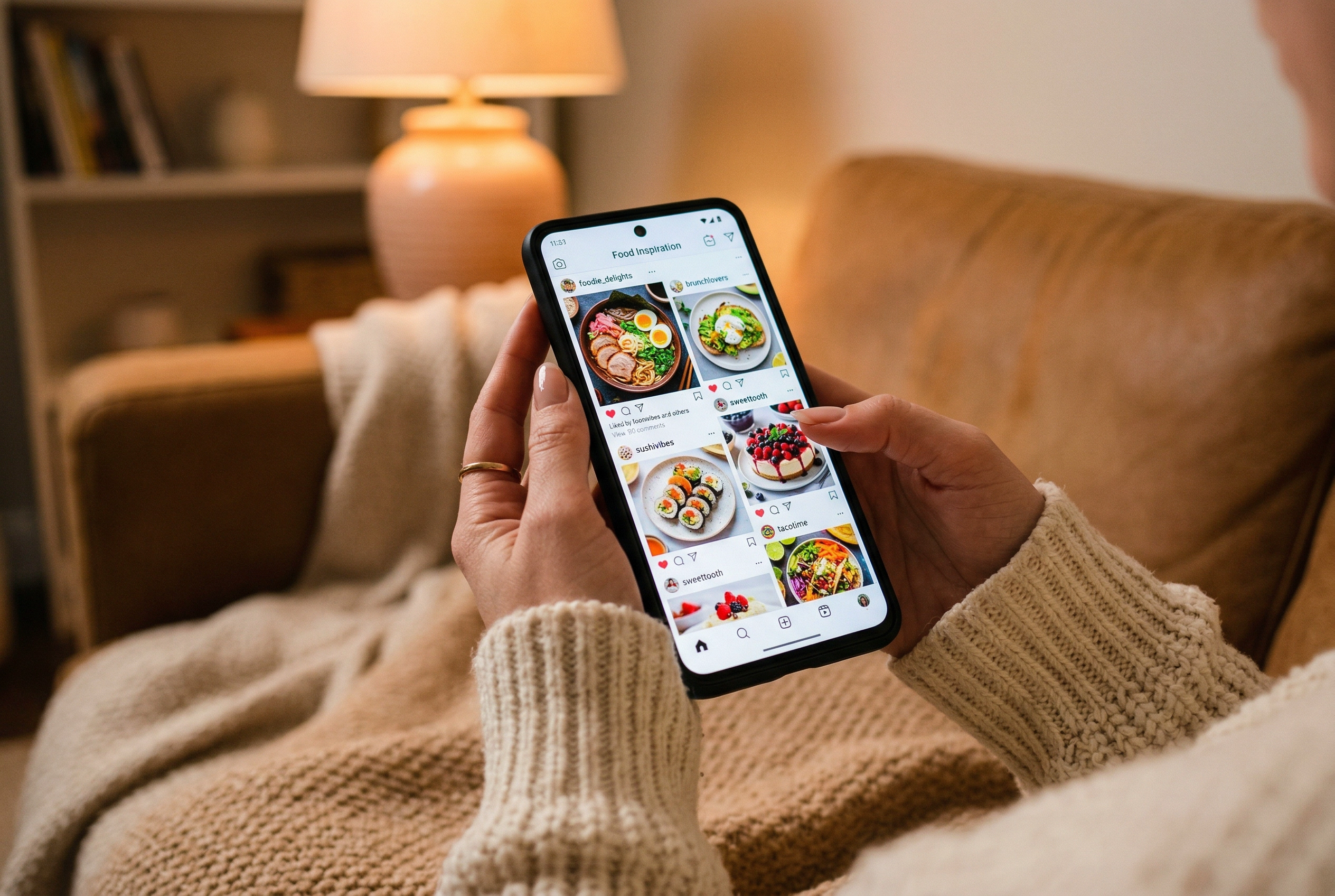 Woman scrolling food content on smartphone in cozy living room with warm evening lighting