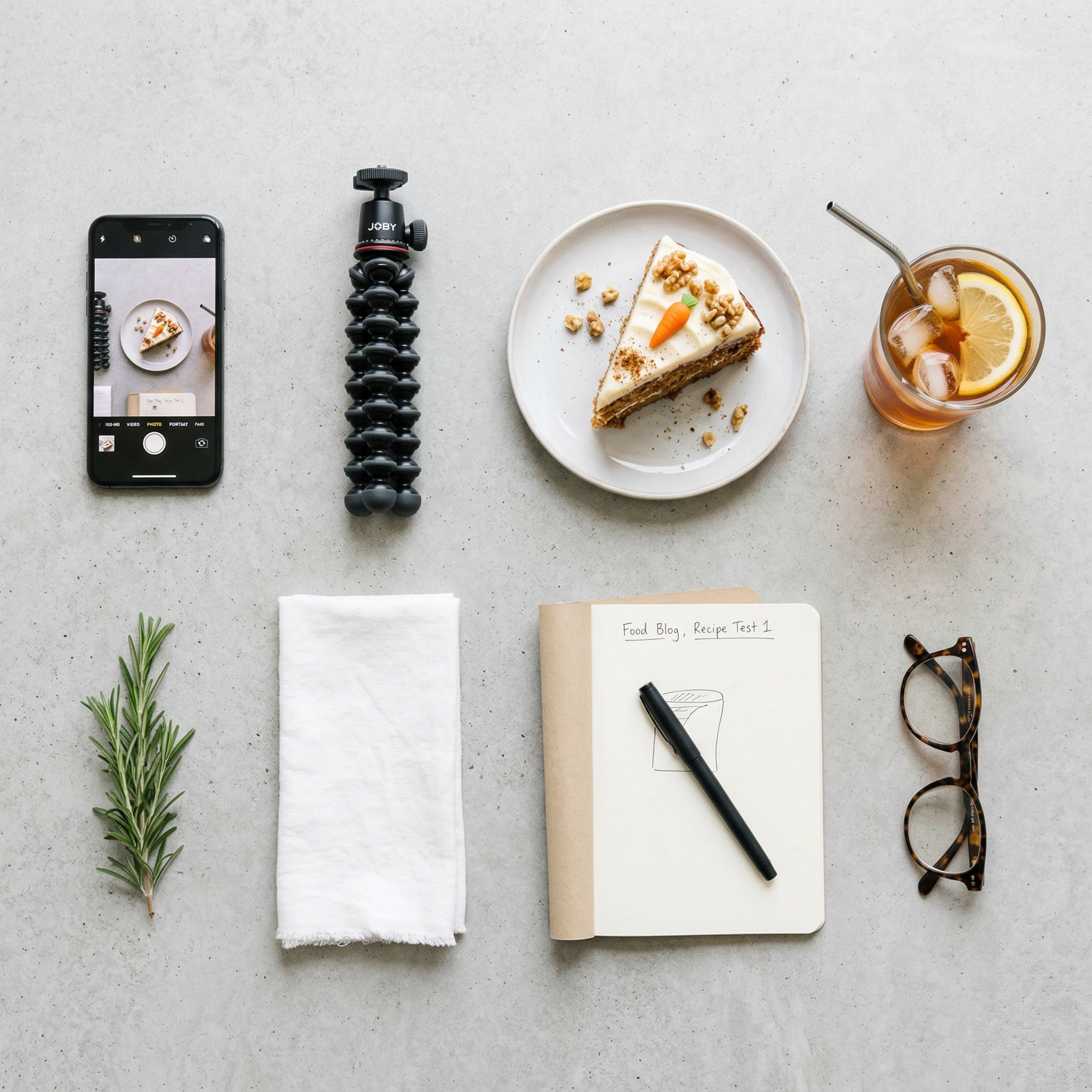 Flat-lay of essential food blogging starter kit with phone, tripod, styled plate, and notebook on gray surface