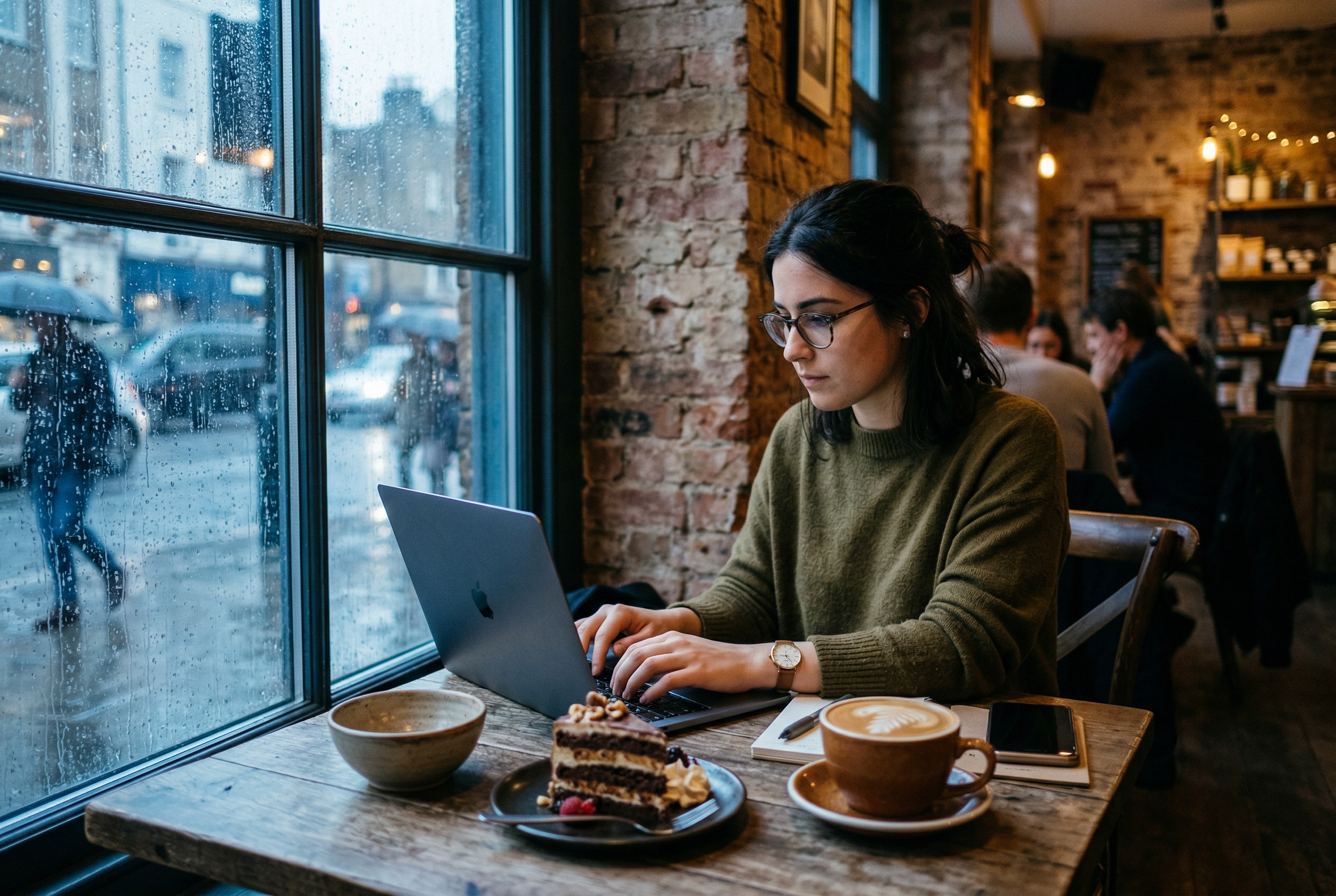 Food blogger working on laptop at a cozy cafe with layered cake and latte beside rainy window