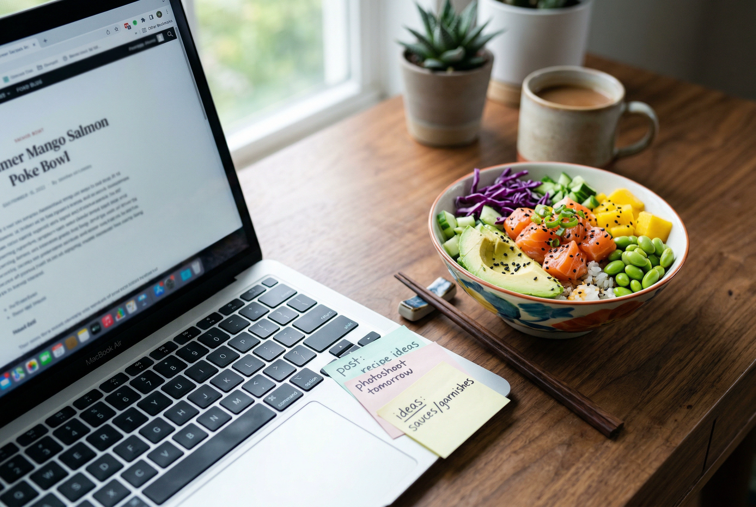 Colorful poke bowl beside laptop with content planning sticky notes on modern wooden desk
