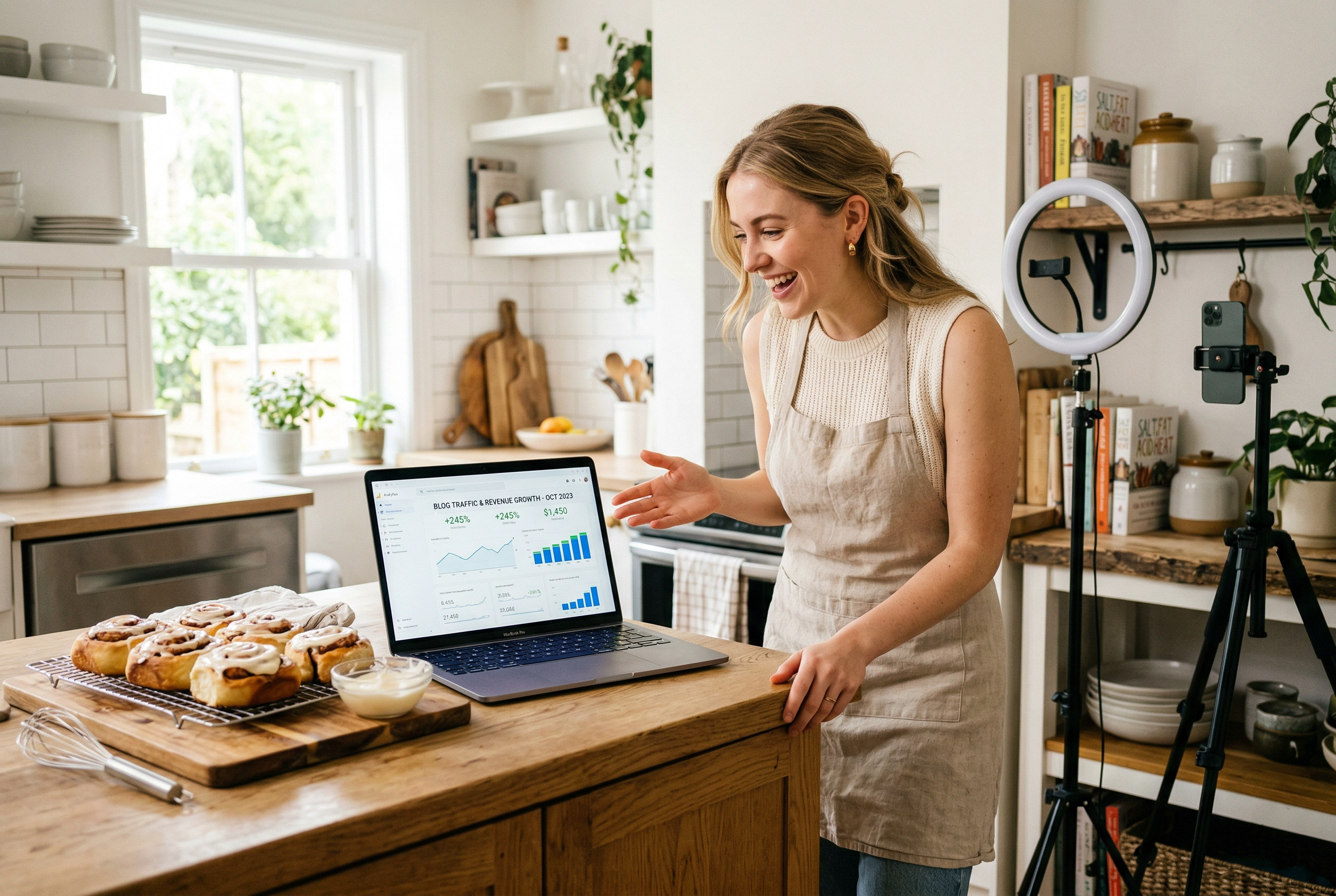 Food blogger celebrating growth milestone at kitchen island with baked goods and analytics on laptop screen