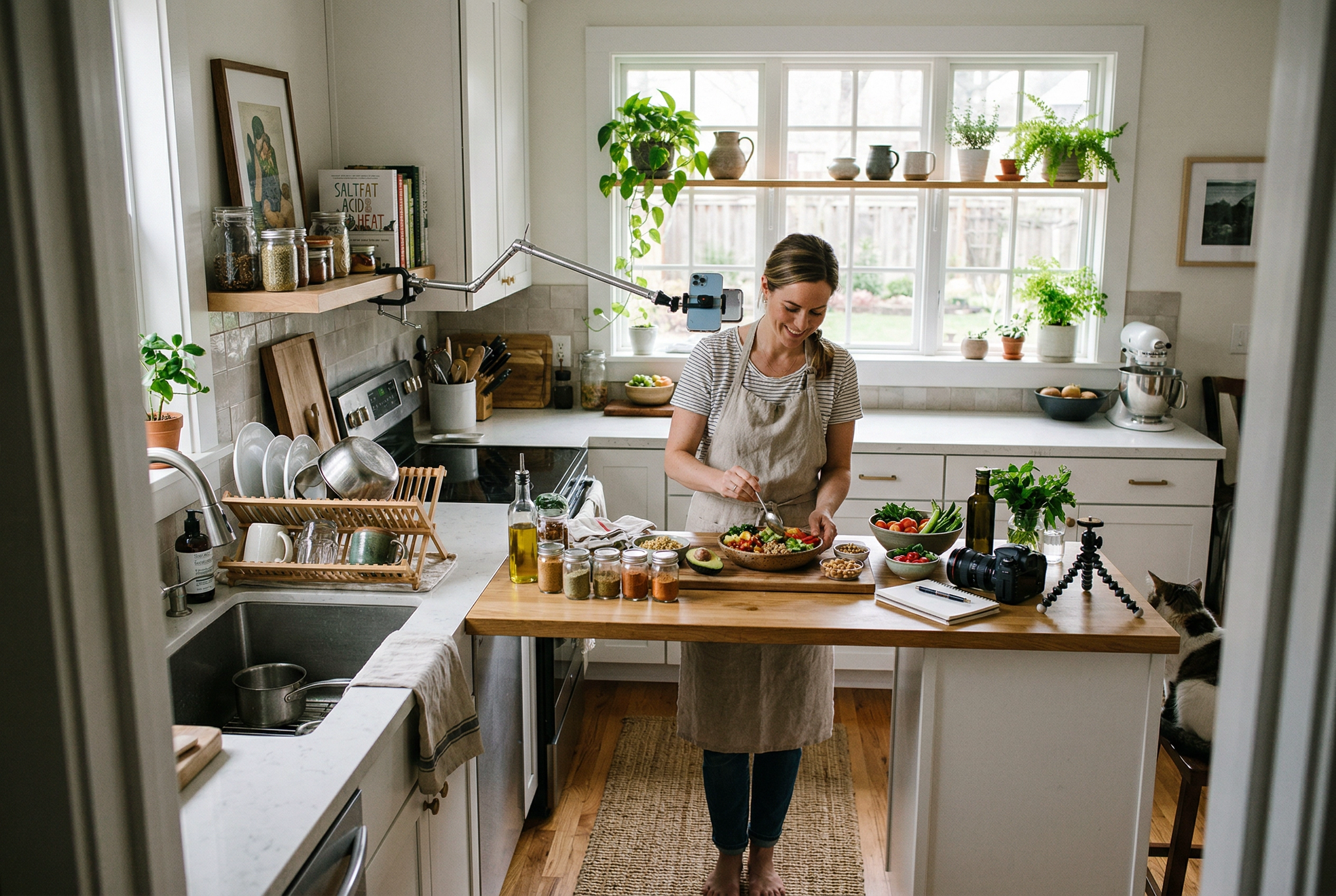Home kitchen setup showing food blogger assembling grain bowl with overhead phone mount for content creation