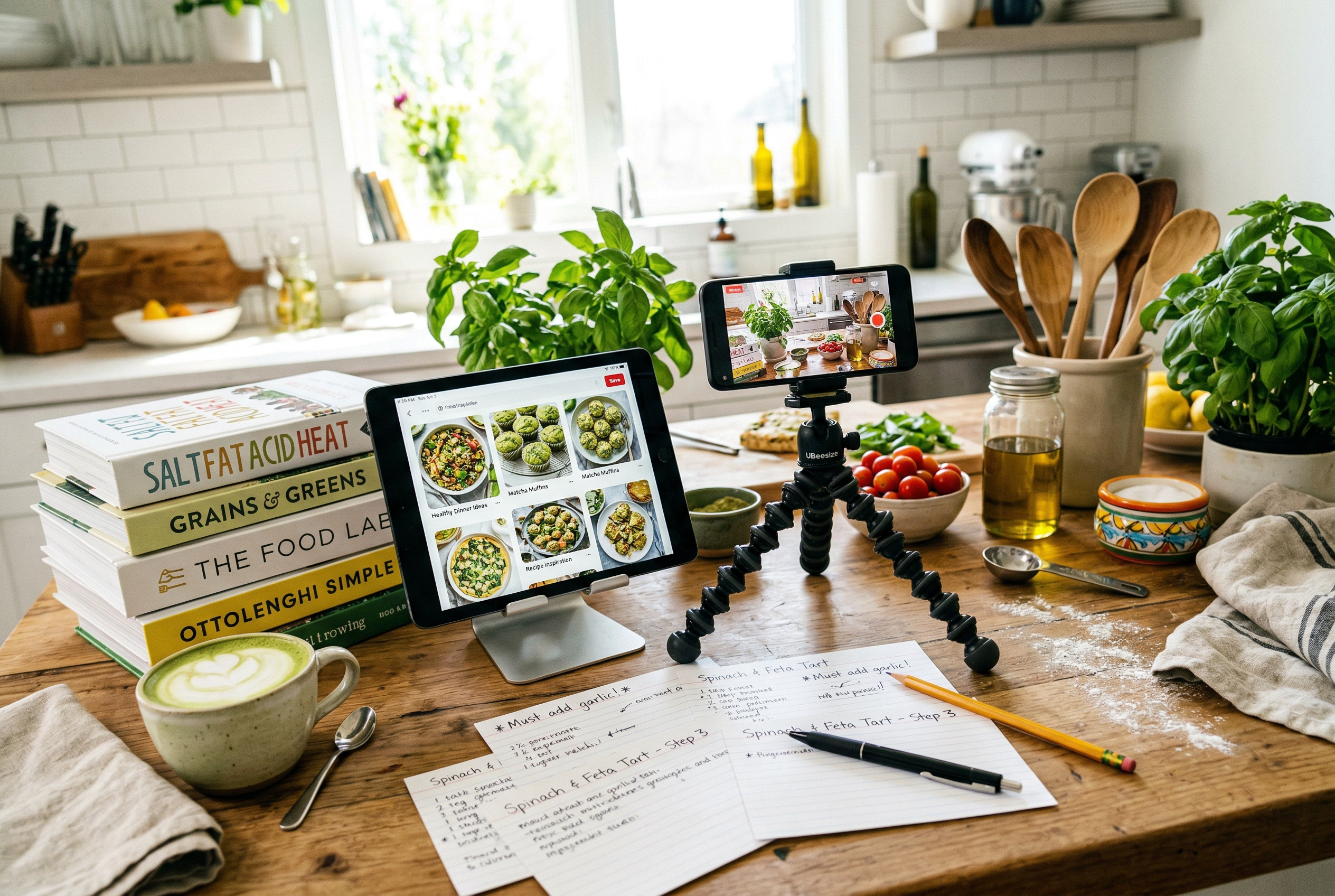 Kitchen counter with food blogging tools including smartphone tripod, cookbooks, Pinterest on tablet, and recipe cards