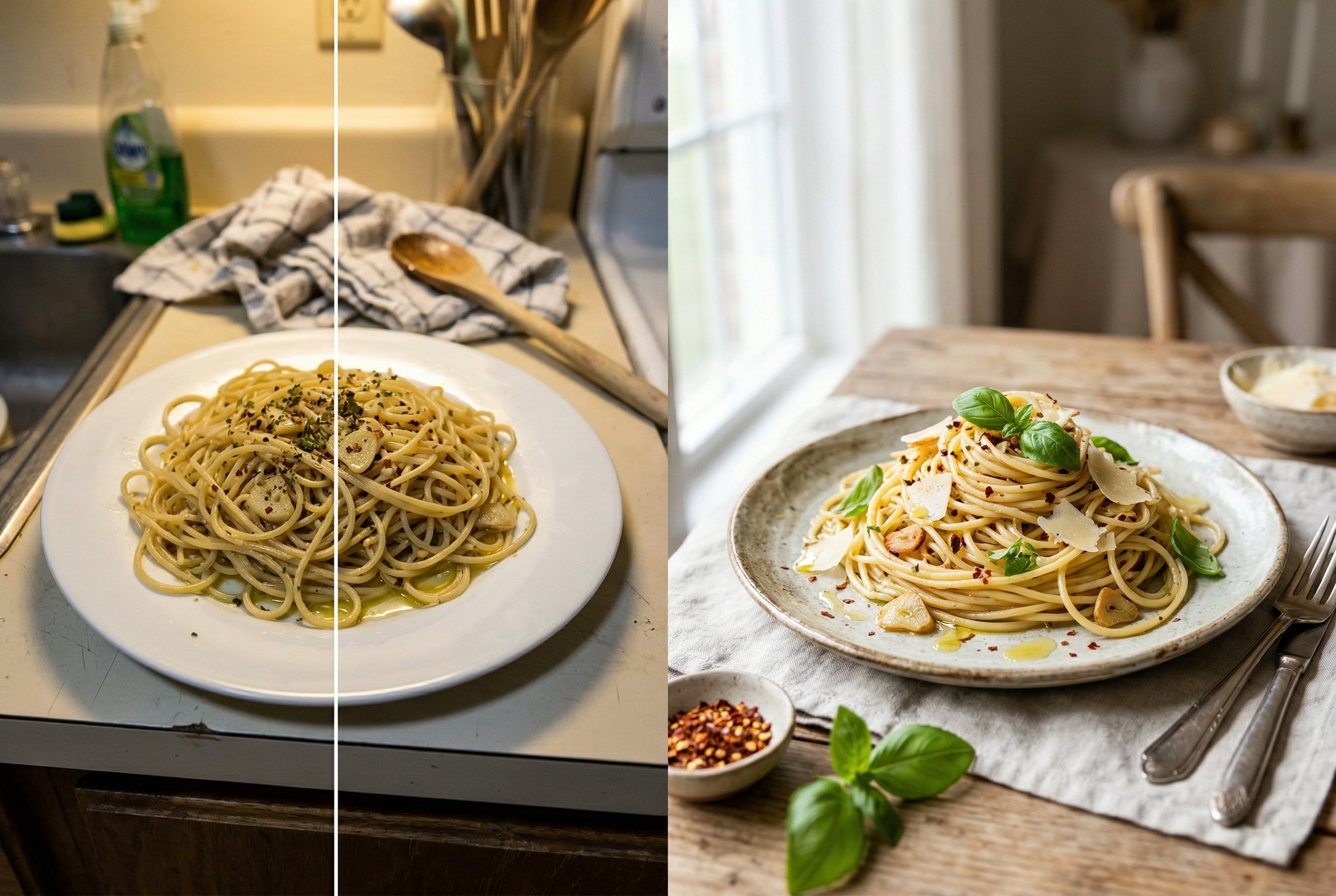 Before and after food photography comparison showing casual pasta snapshot versus professionally styled version