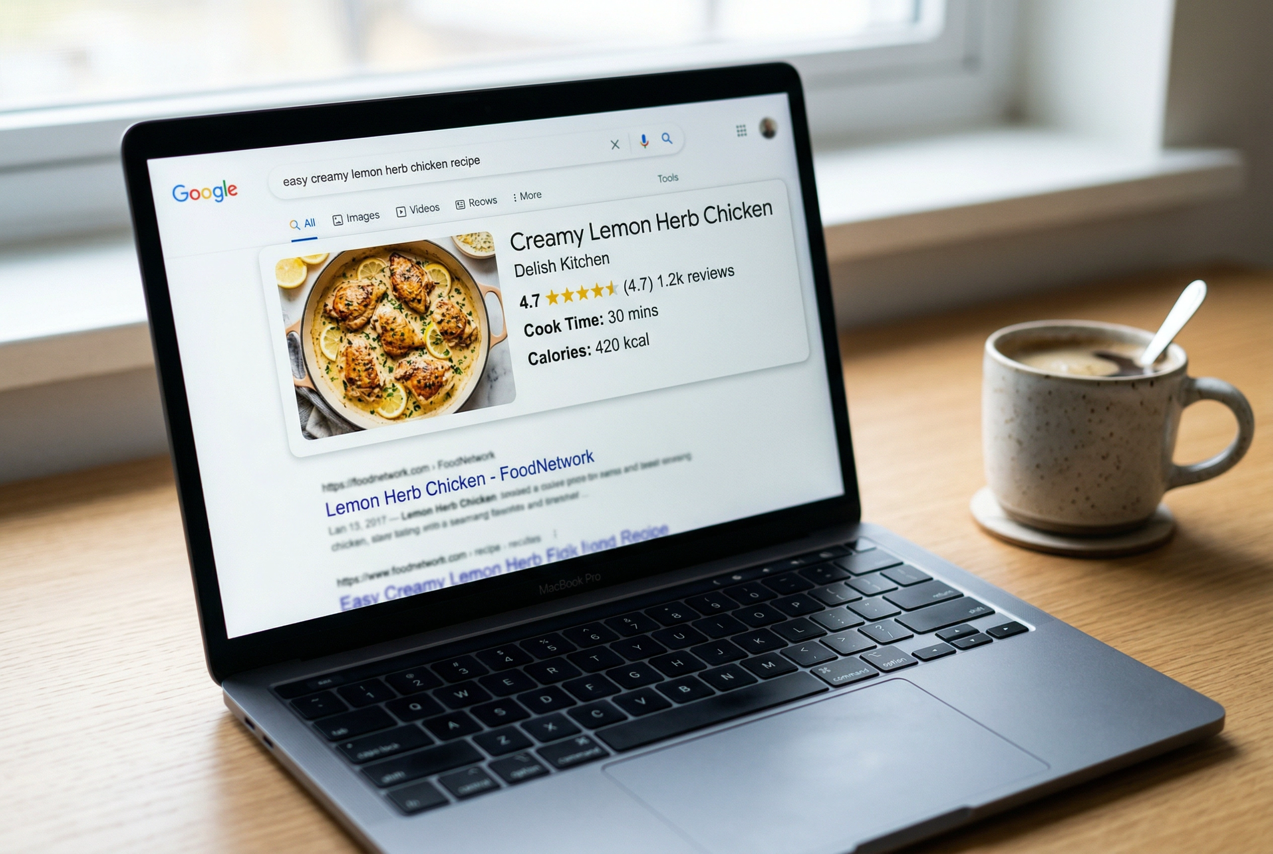 Laptop screen showing Google search results with recipe rich snippets demonstrating food blog SEO success