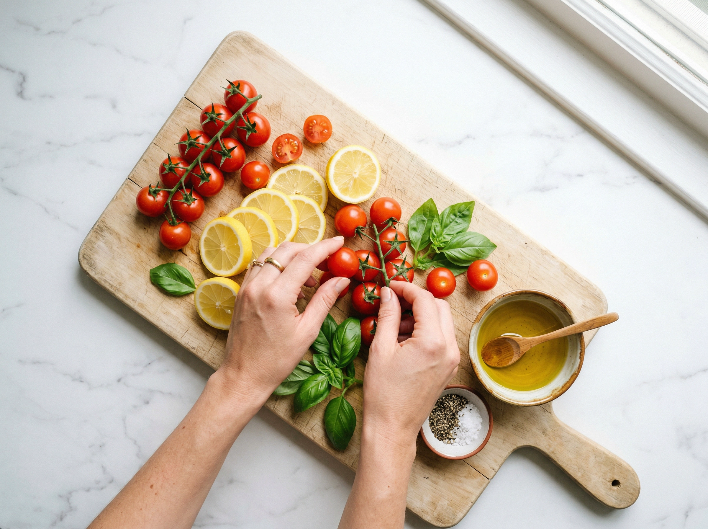 Fresh recipe ingredients styled on cutting board for food blog photography with natural overhead lighting