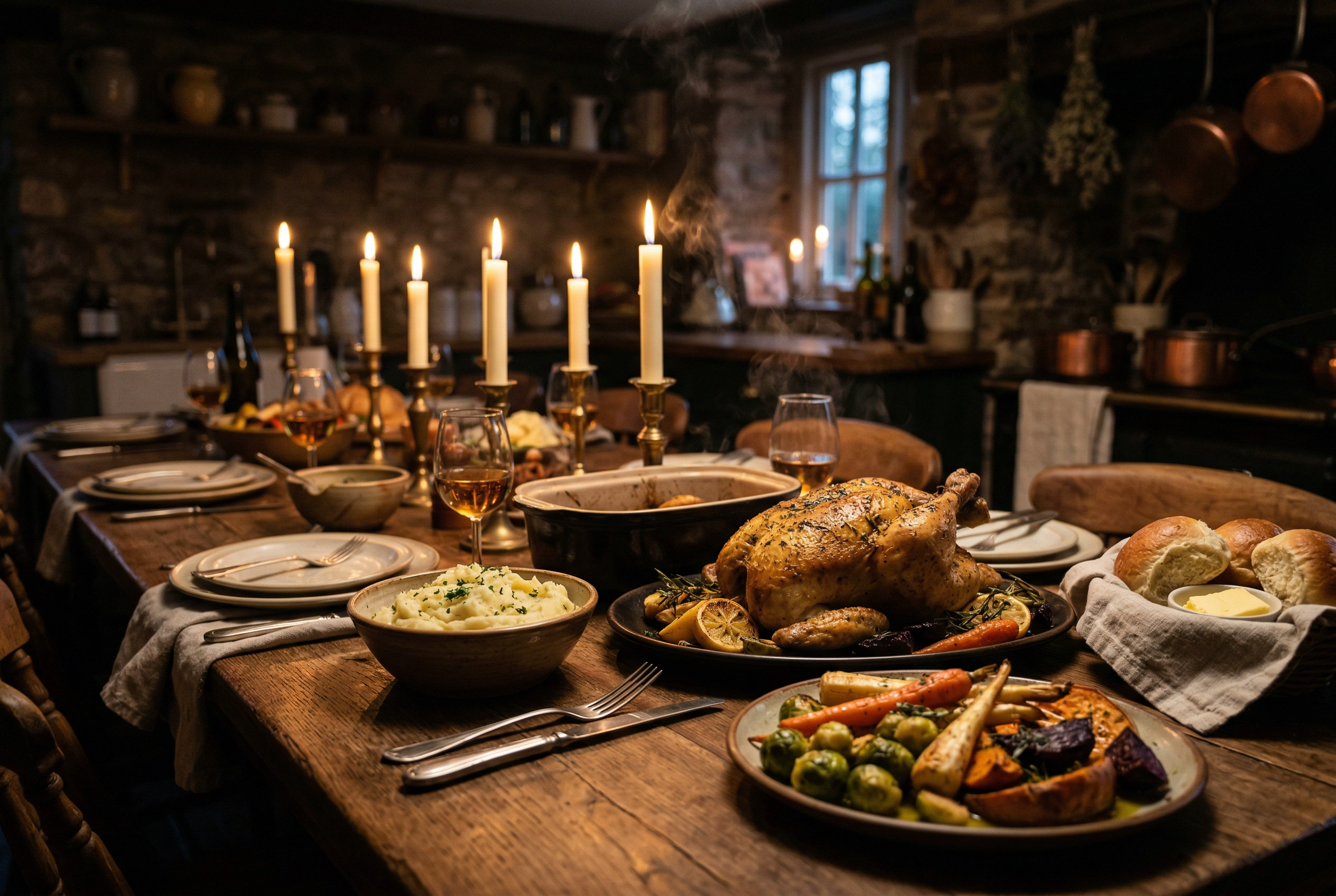 Moody autumn dinner spread on farmhouse table with roasted chicken and candlelight for food blog photography
