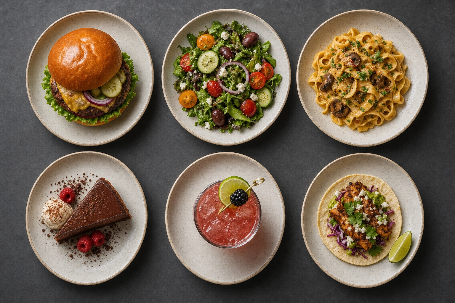 Six different dishes shot in one consistent style on slate, showing brand-consistent menu photography