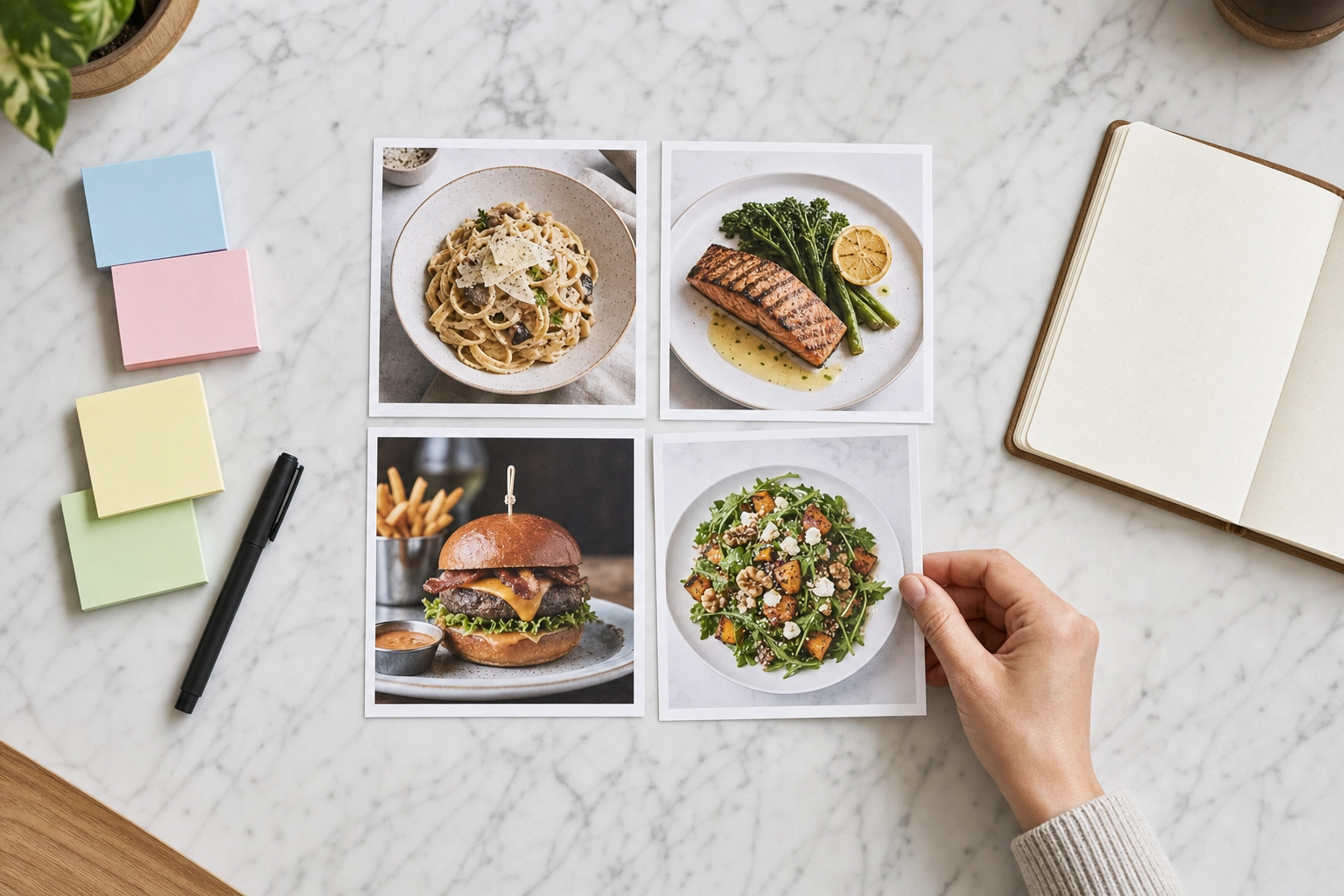 Four printed dish photos arranged in a grid on marble to sort menu items by profit and popularity