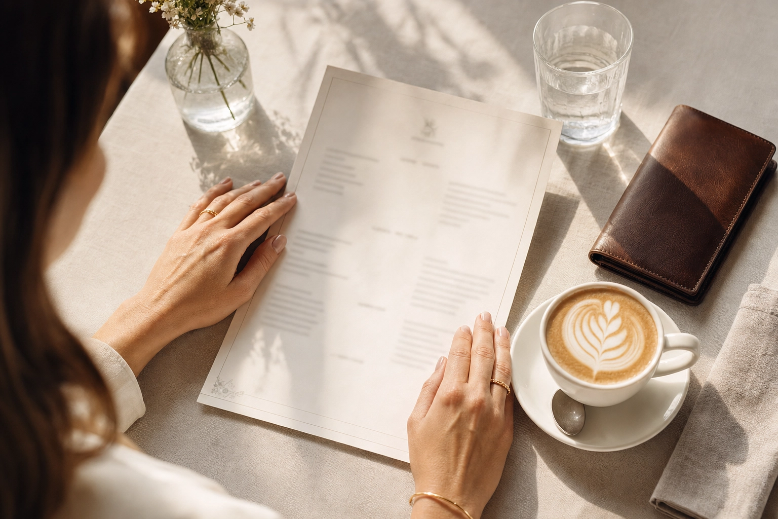 Overhead of a sunlit café table with hands resting on a one-page menu, coffee, and a leather bill holder