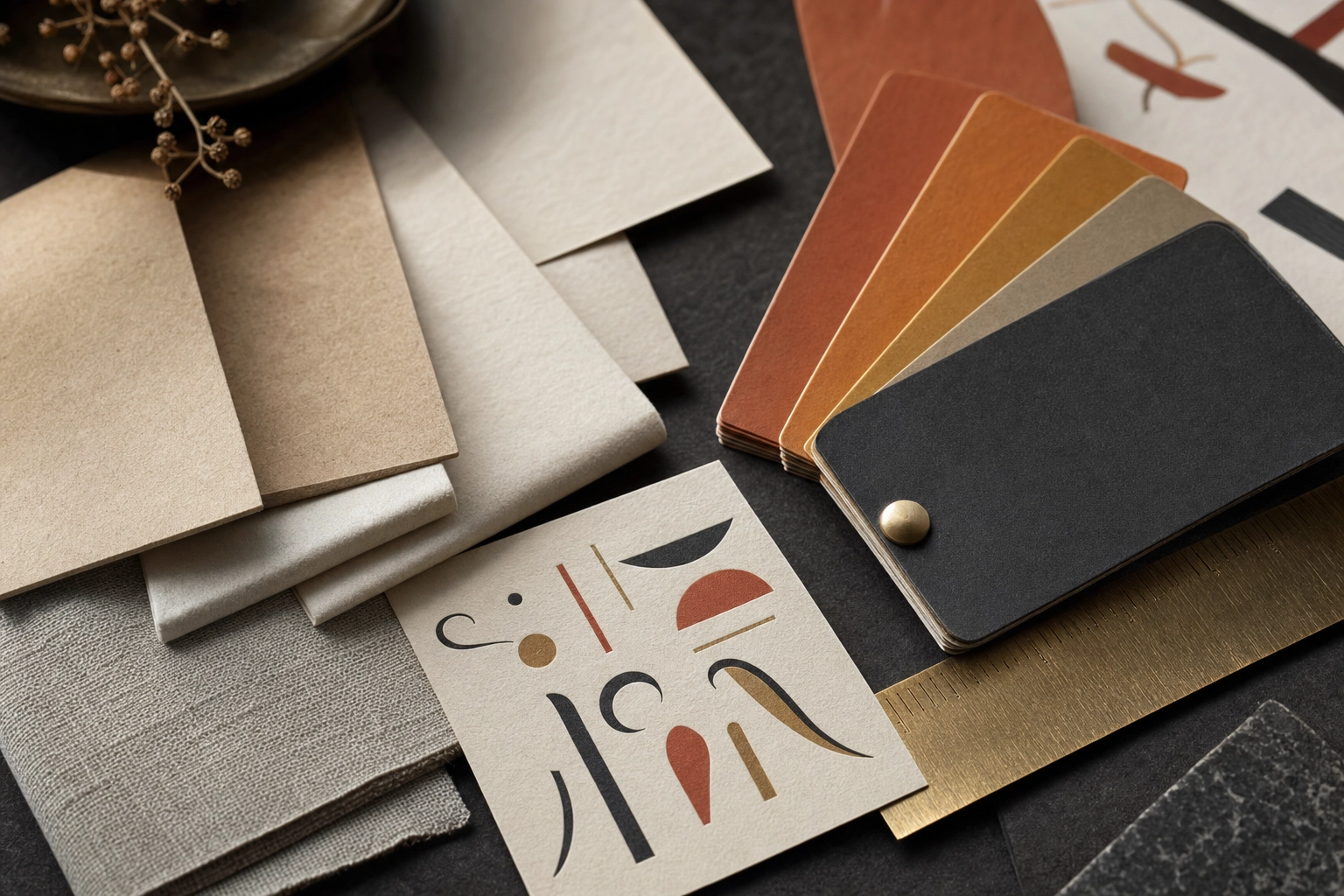 Close-up of menu design materials — paper stock samples, warm color swatch chips, and a brass ruler