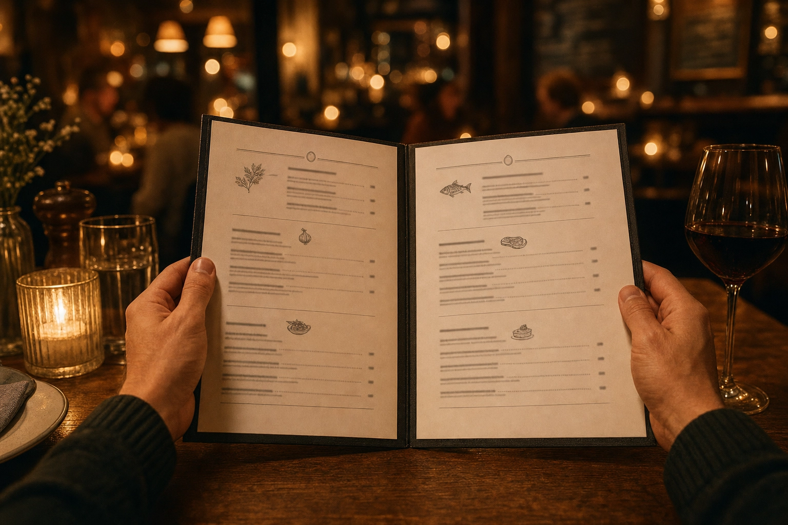 Diner holding an open bistro menu with clear sections and whitespace in a warm candlelit restaurant