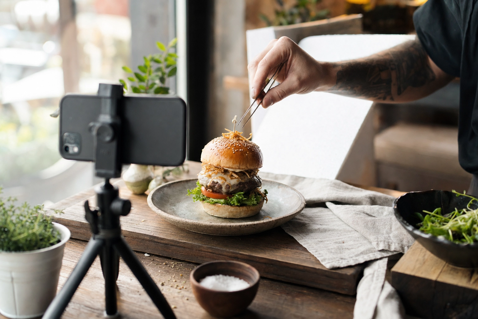 Smartphone on a tripod photographing a plated gourmet burger in a bright window-lit food shoot setup