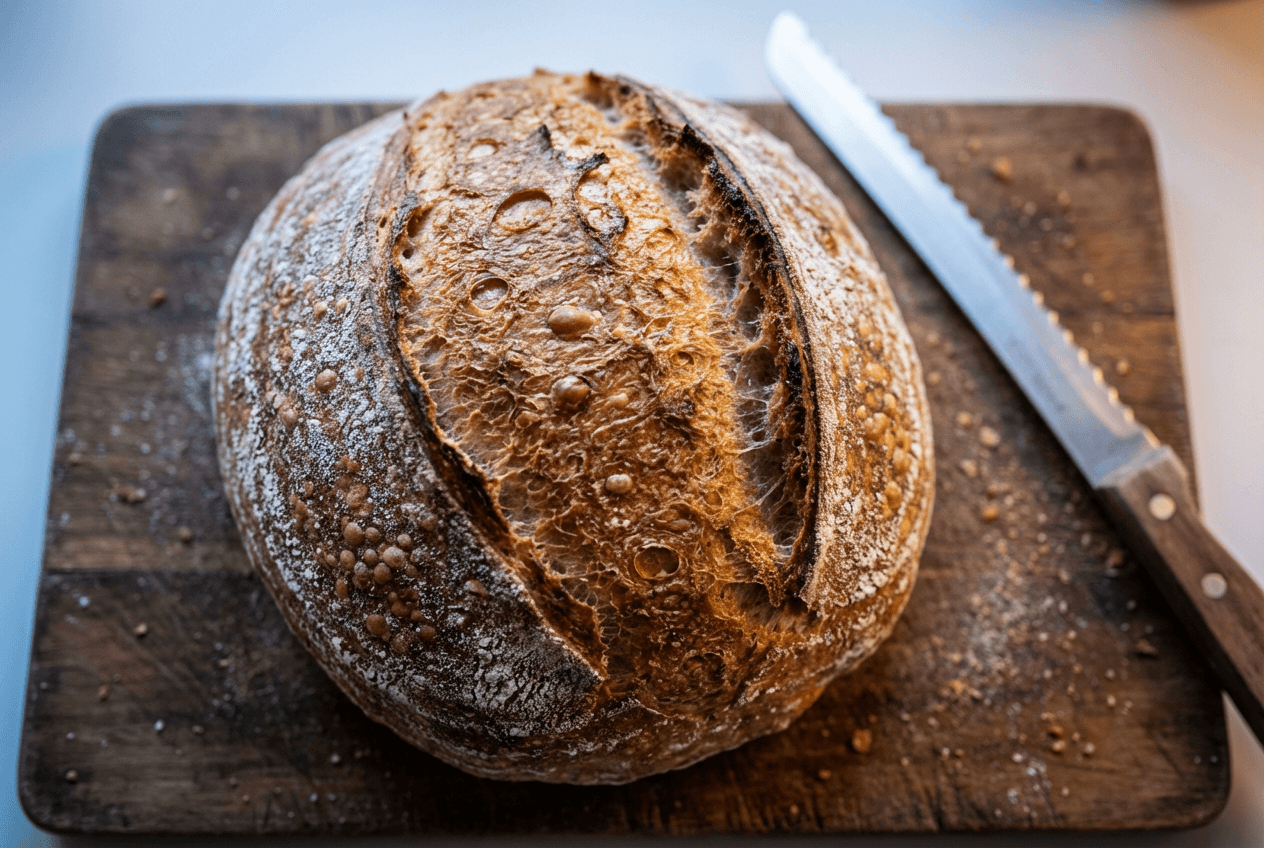 샤프닝과 명료도 조정으로 향상된 세밀한 질감을 보여주는 장인 사워도우 빵 크러스트 클로즈업