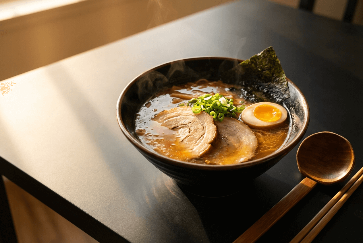 올바른 화이트 밸런스 편집으로 황금빛 육수 하이라이트와 먹음직스러운 색온도를 보여주는 따뜻한 톤의 라멘 그릇