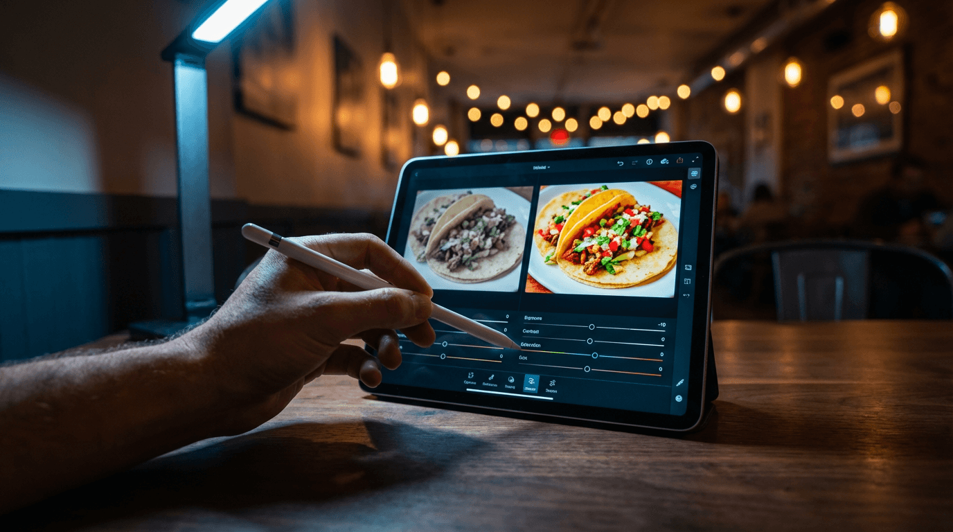분위기 있는 카페 조명 아래에서 태블릿에 스타일러스를 사용하여 타코 사진을 편집하는 손, 화면 분할로 보정 전후를 비교하는 모습