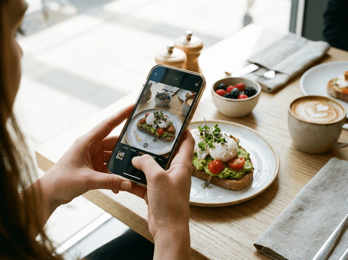 밝은 자연광이 들어오는 카페에서 아보카도 토스트가 담긴 브런치 플랫레이를 iPhone으로 음식 사진 편집하는 모습