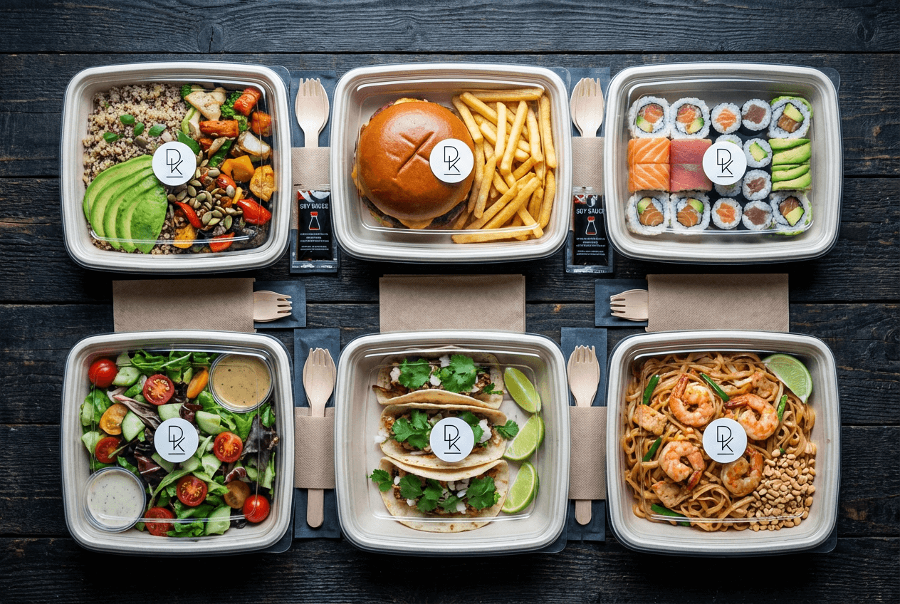 Vue du dessus de contenants de livraison bien organisés avec divers plats prêts pour les commandes DoorDash