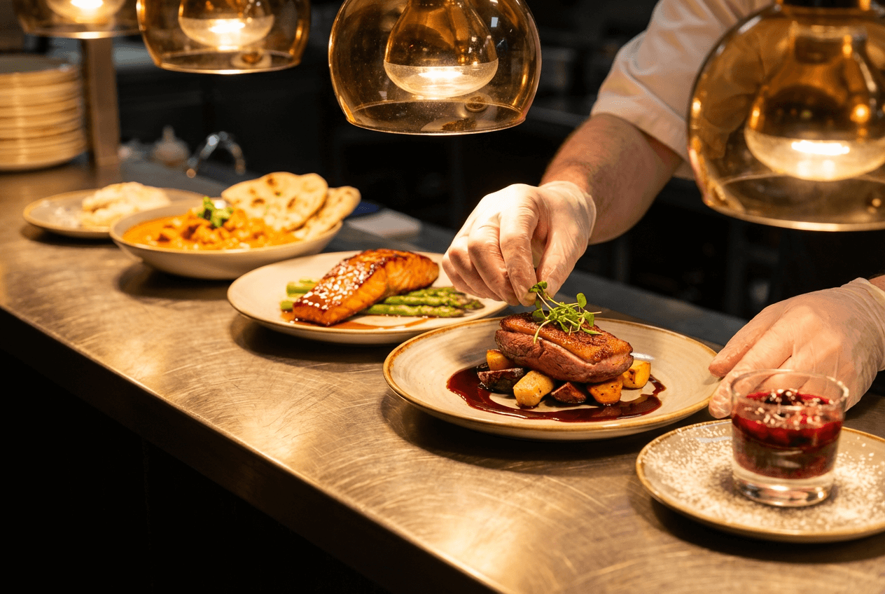 Chef garnissant des plats sélectionnés au passe d'un restaurant illustrant l'ingénierie de menu pour les commandes en livraison