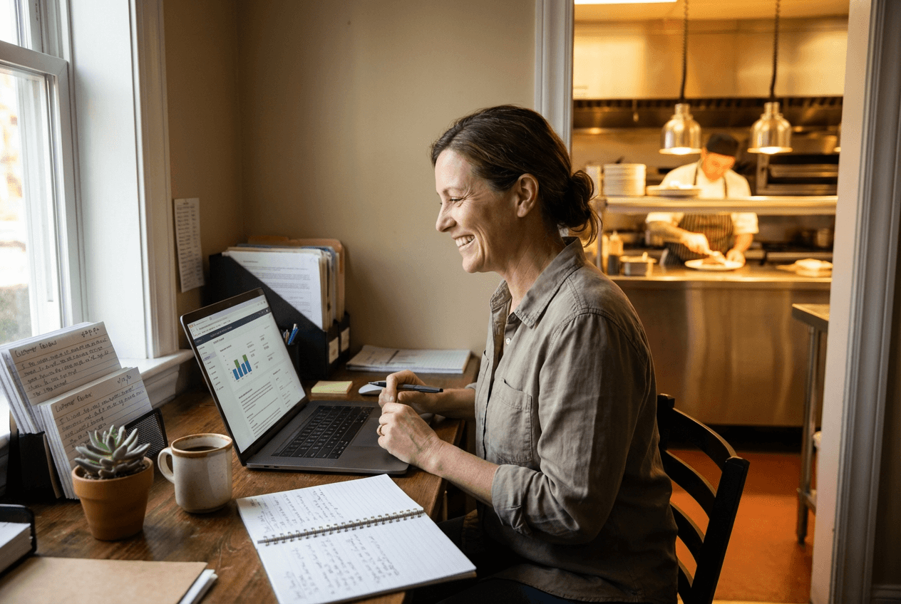 Responsable de restaurant analysant les retours clients et les données de performance DoorDash dans son bureau