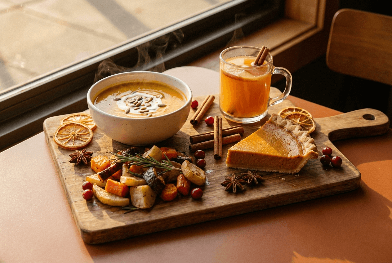 Plats de menu automnal incluant soupe, légumes rôtis et tarte pour les mises à jour saisonnières DoorDash