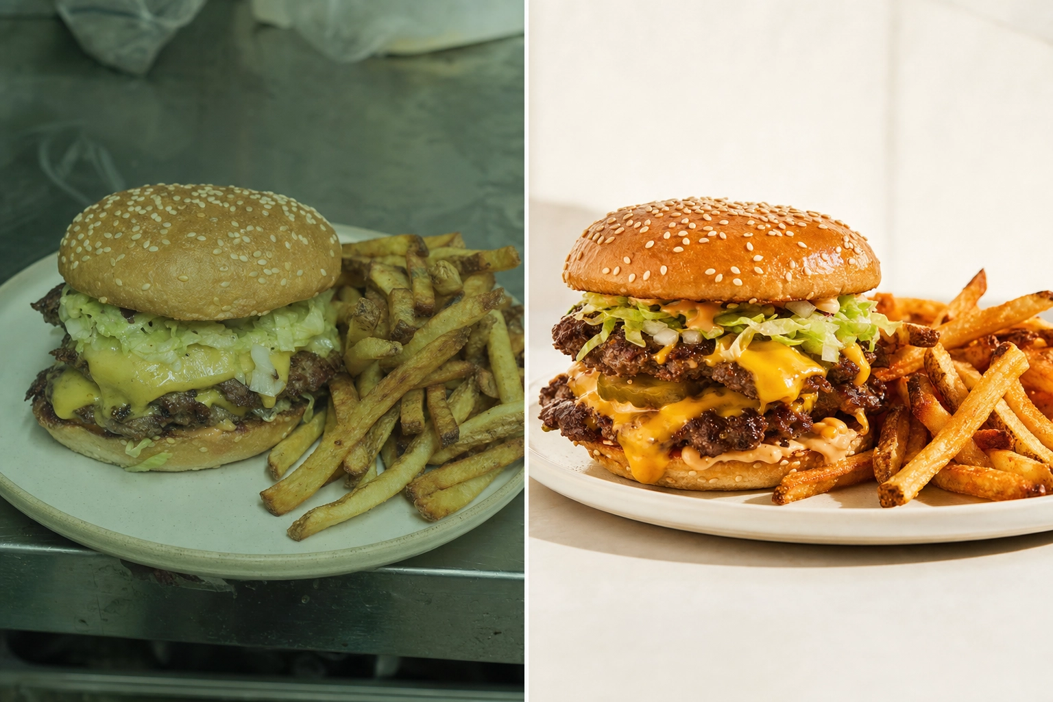 Before and after comparison of a smash burger delivery thumbnail, dull fluorescent phone shot versus bright professional photo
