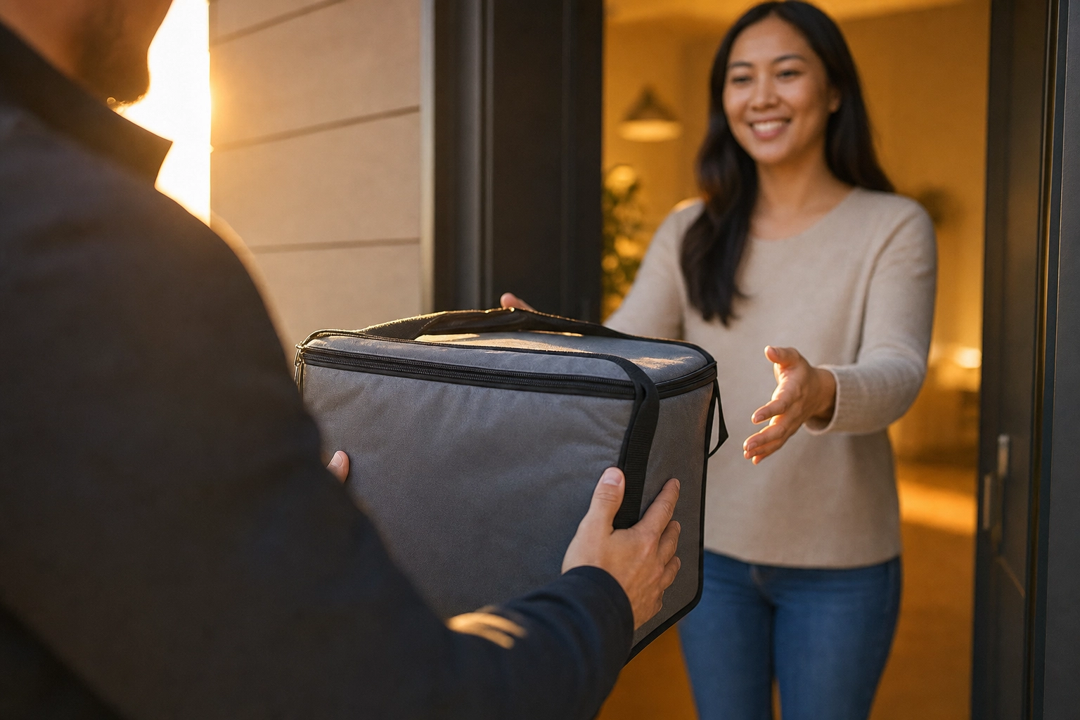 Delivery courier handing a plain insulated food bag to a customer at an apartment doorstep in warm evening light