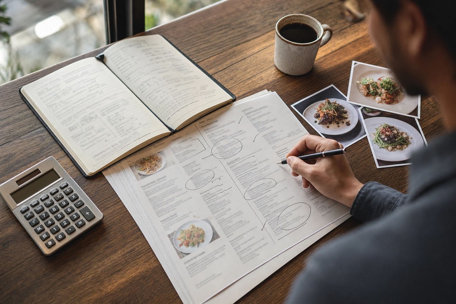 Restaurant owner marking up a printed menu with pen, notebook and calculator while planning menu pricing and engineering