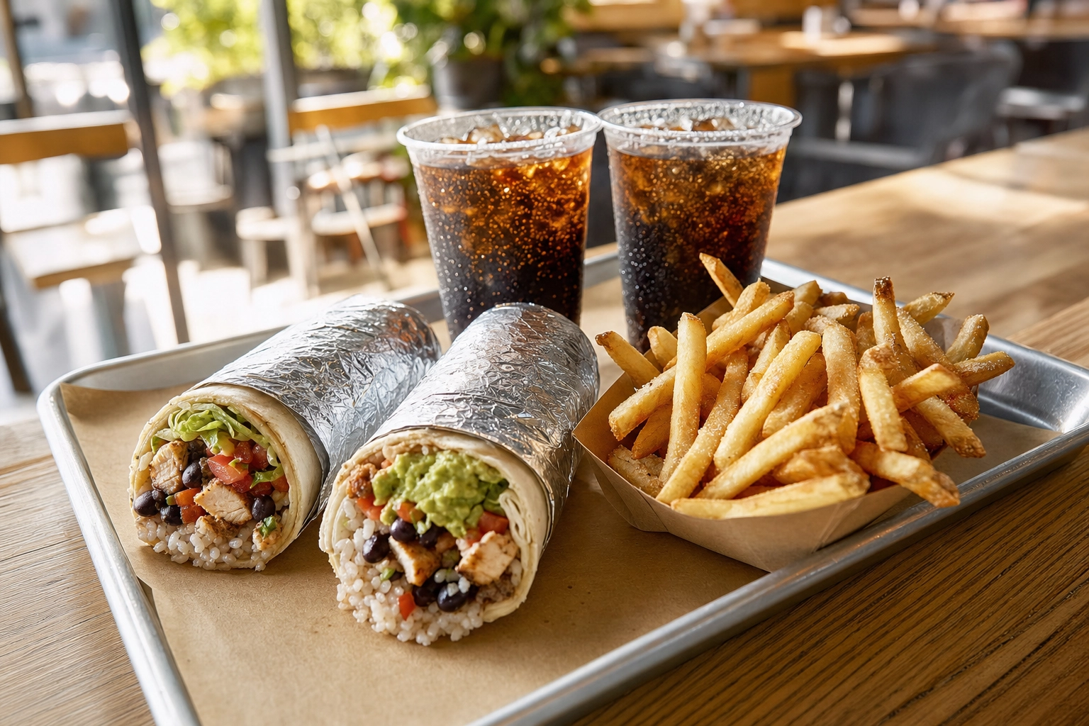 Generous value meal bundle of two burritos, fries and drinks on kraft paper, illustrating an Uber Eats BOGO offer