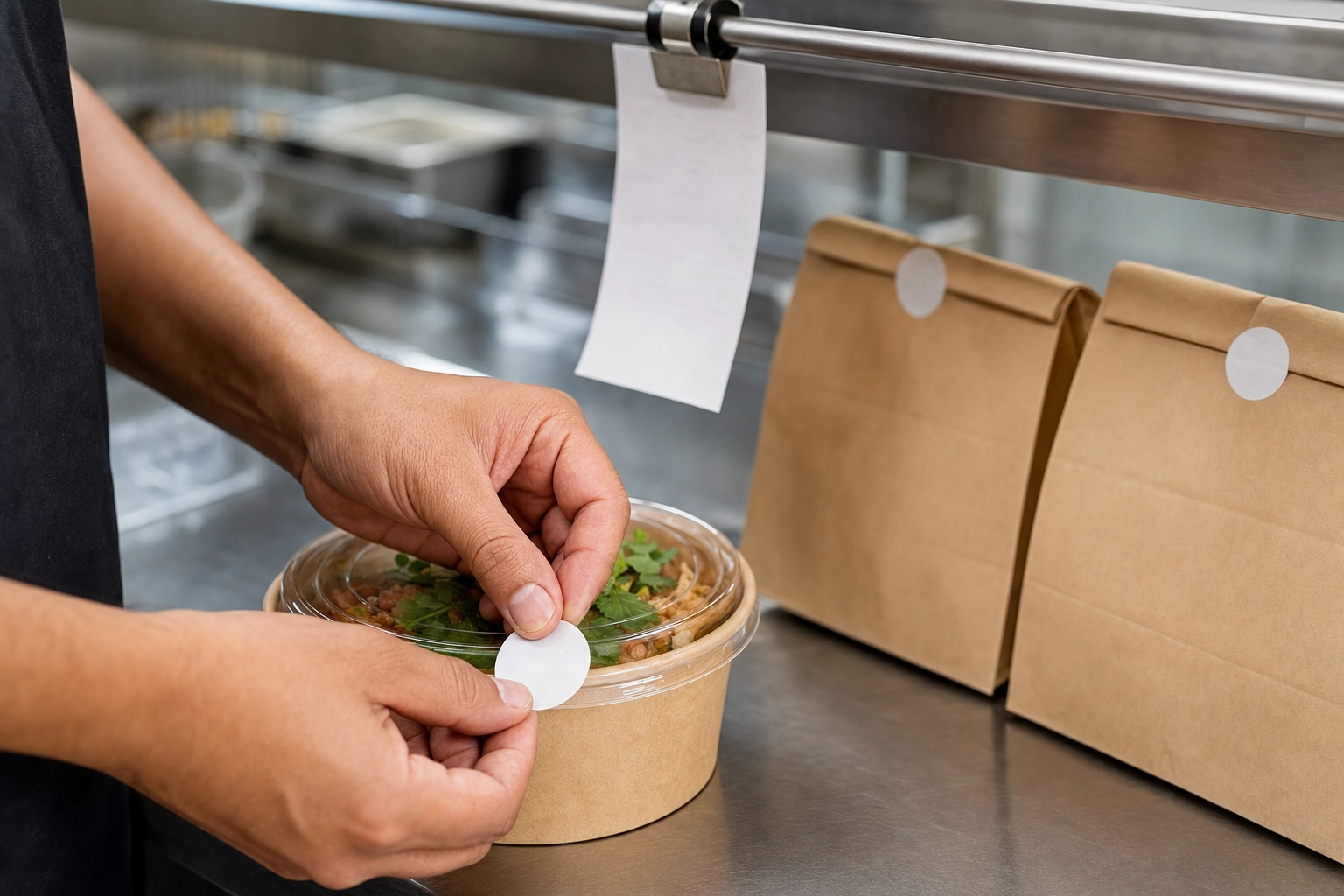 Kitchen worker's hands sealing a kraft takeout container with a tamper-evident sticker at the delivery packing station