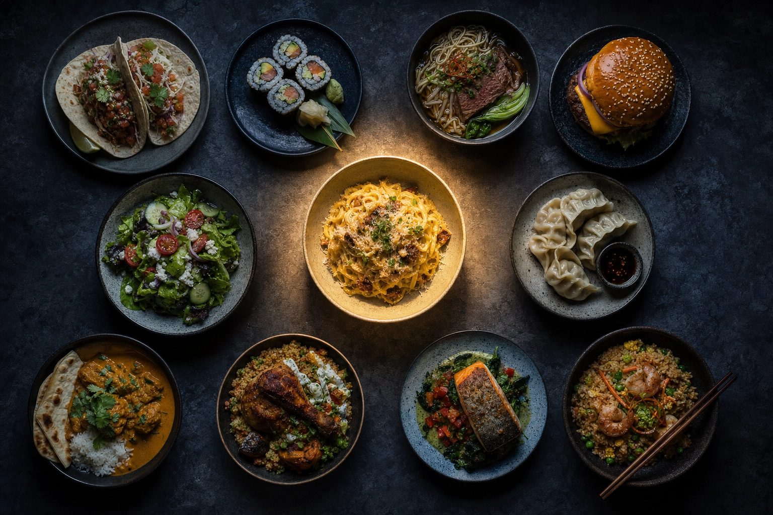 Overhead grid of diverse restaurant dishes on dark slate with one dish spotlit, illustrating Uber Eats ranking competition