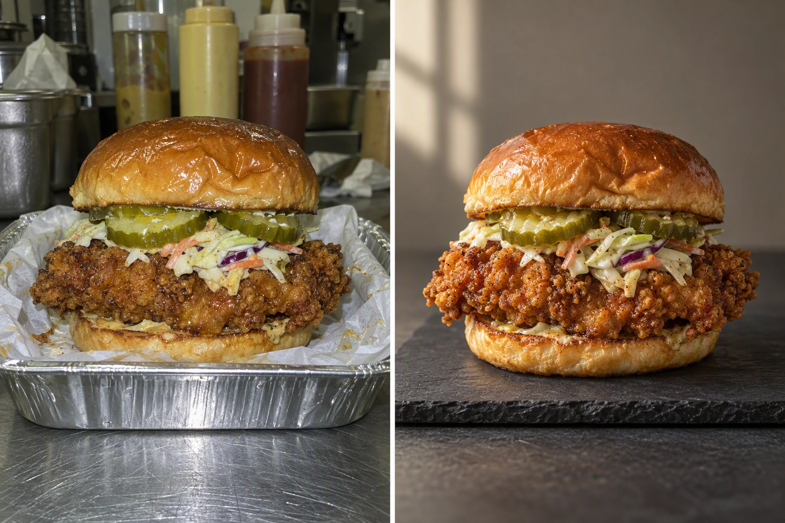 Before and after delivery app photo of a fried chicken sandwich: harsh phone flash versus soft window light
