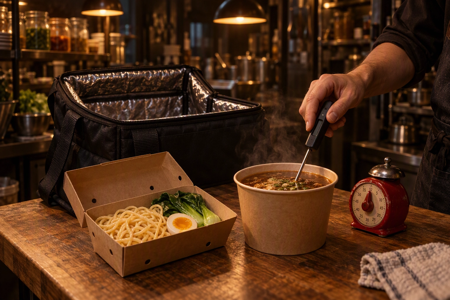 Cook probing a noodle soup kit after a 20-minute travel test beside an open insulated delivery bag