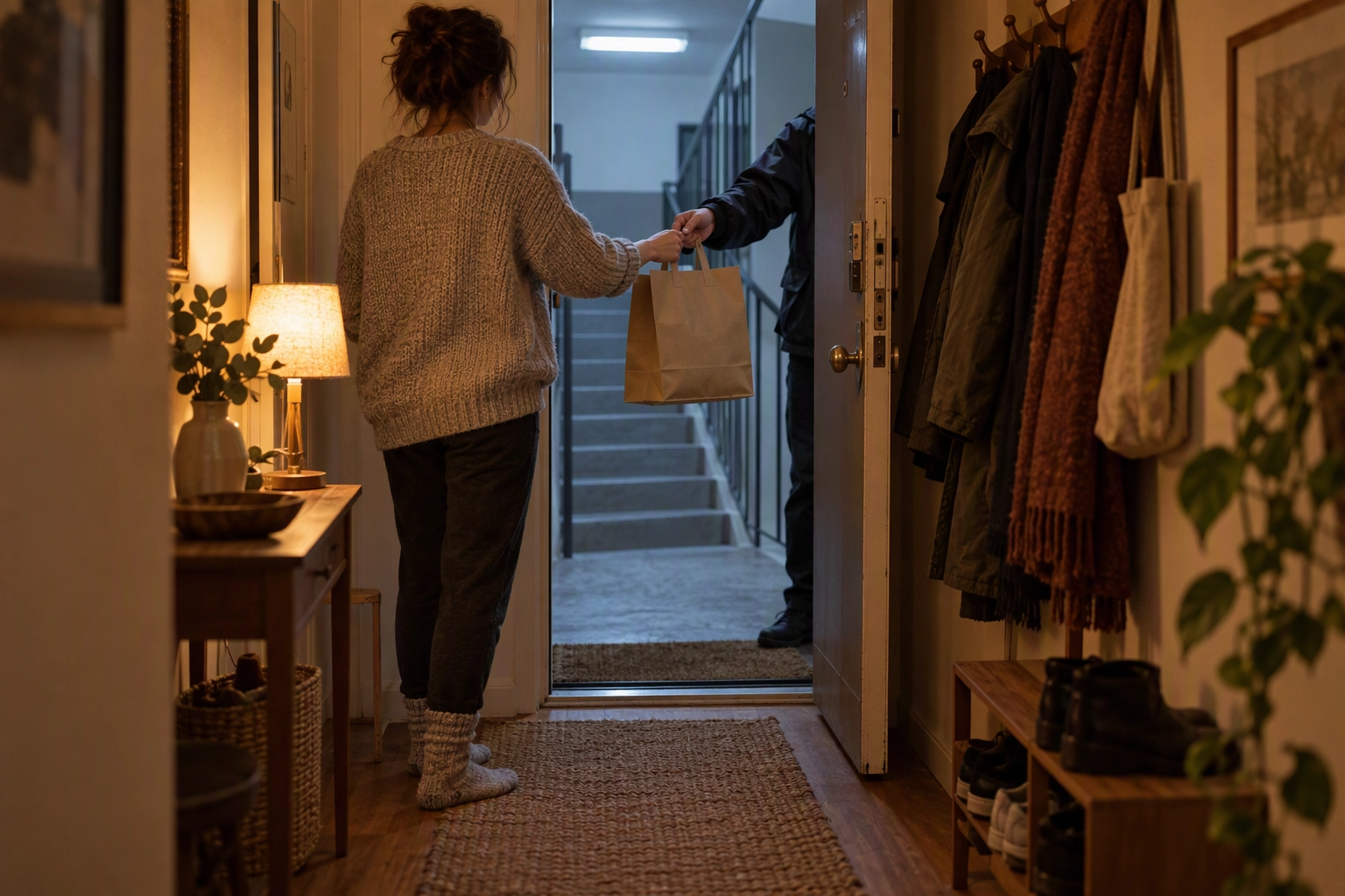 Resident taking a first delivery order from a courier at an apartment door, the new guest a welcome offer wins