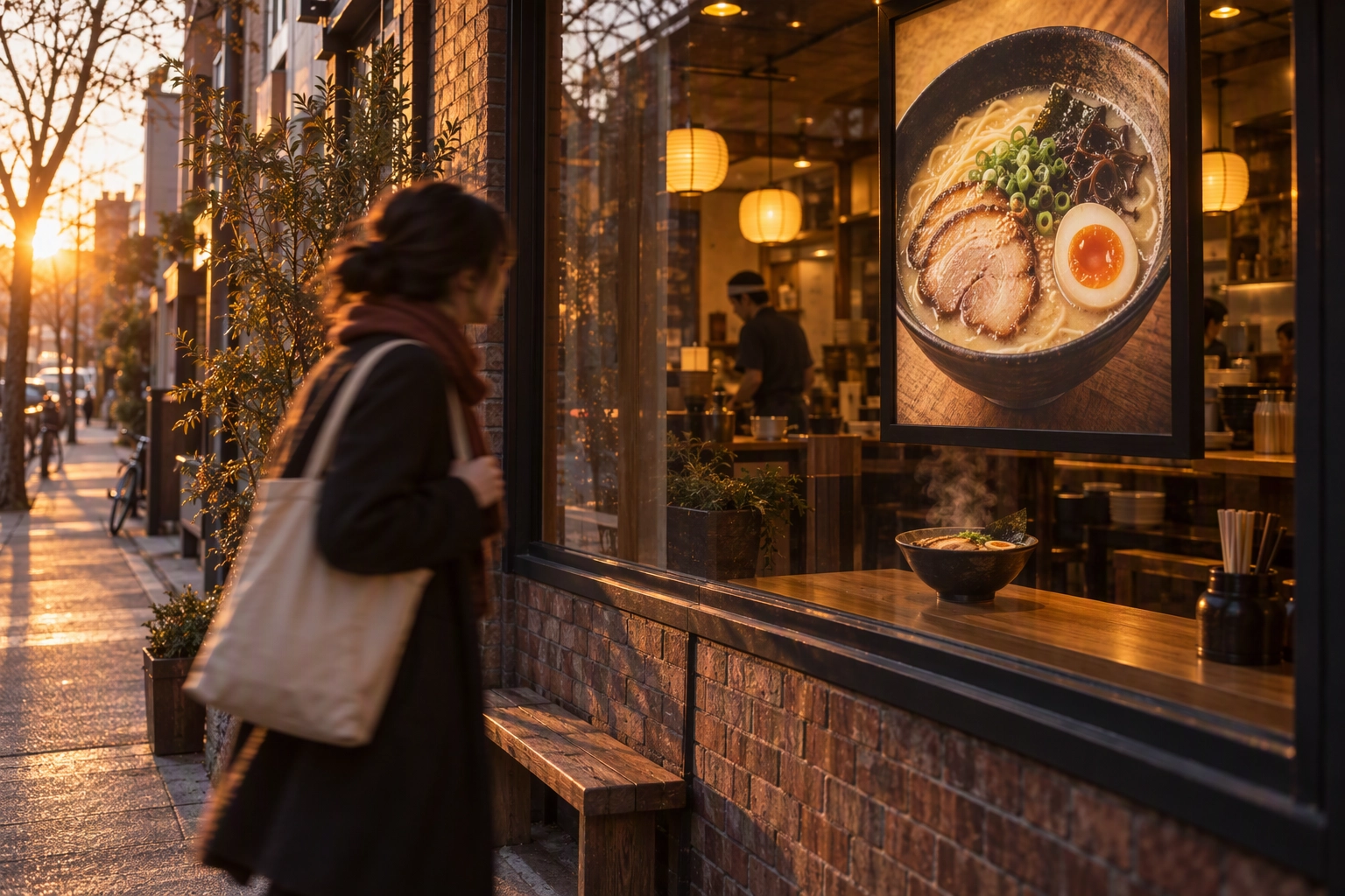 Ramen shop window at golden hour showing the same dish photo used on its delivery listings and Google profile