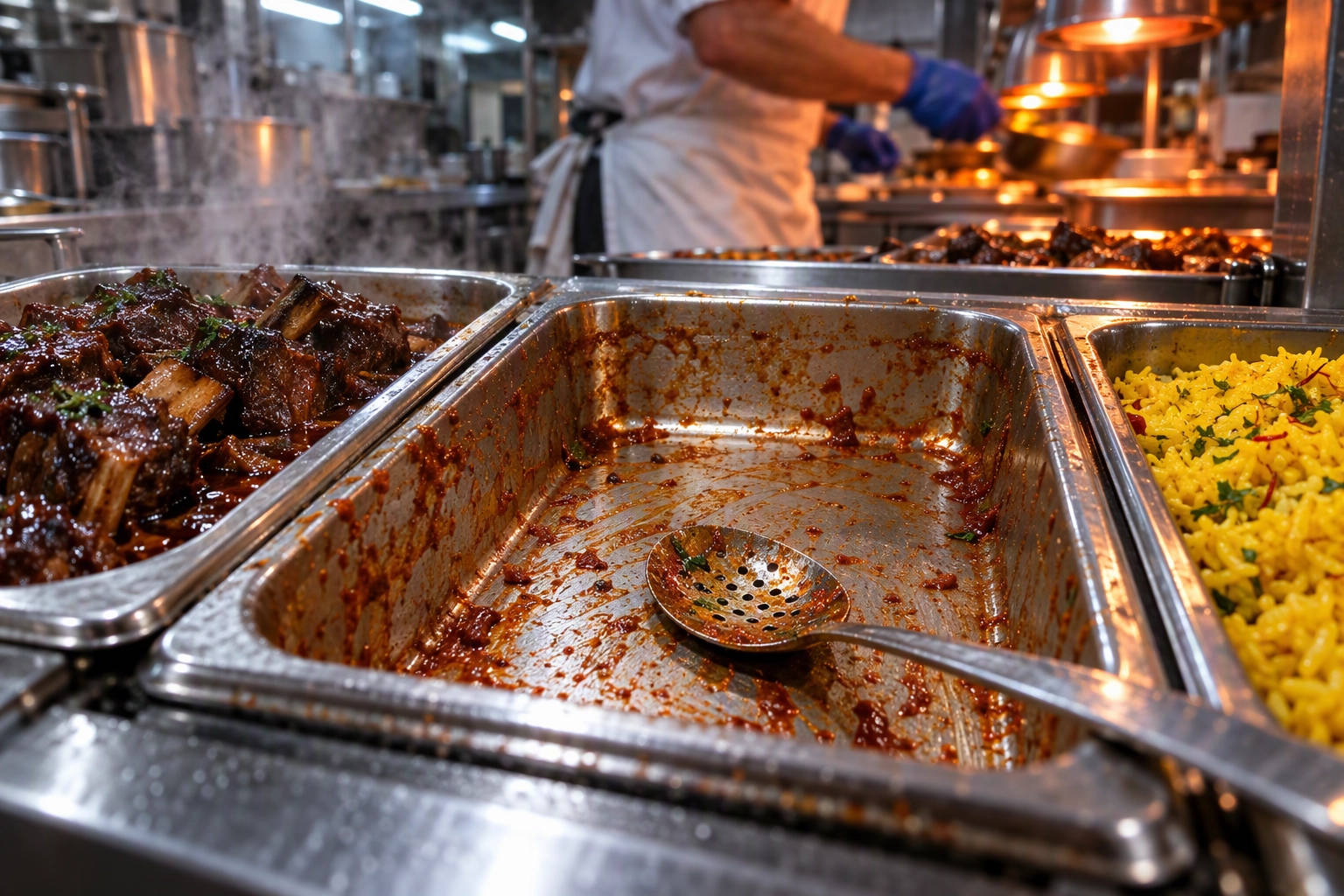 Empty hotel pan scraped clean on a busy steam table, the moment to mark a dish sold out on every delivery app