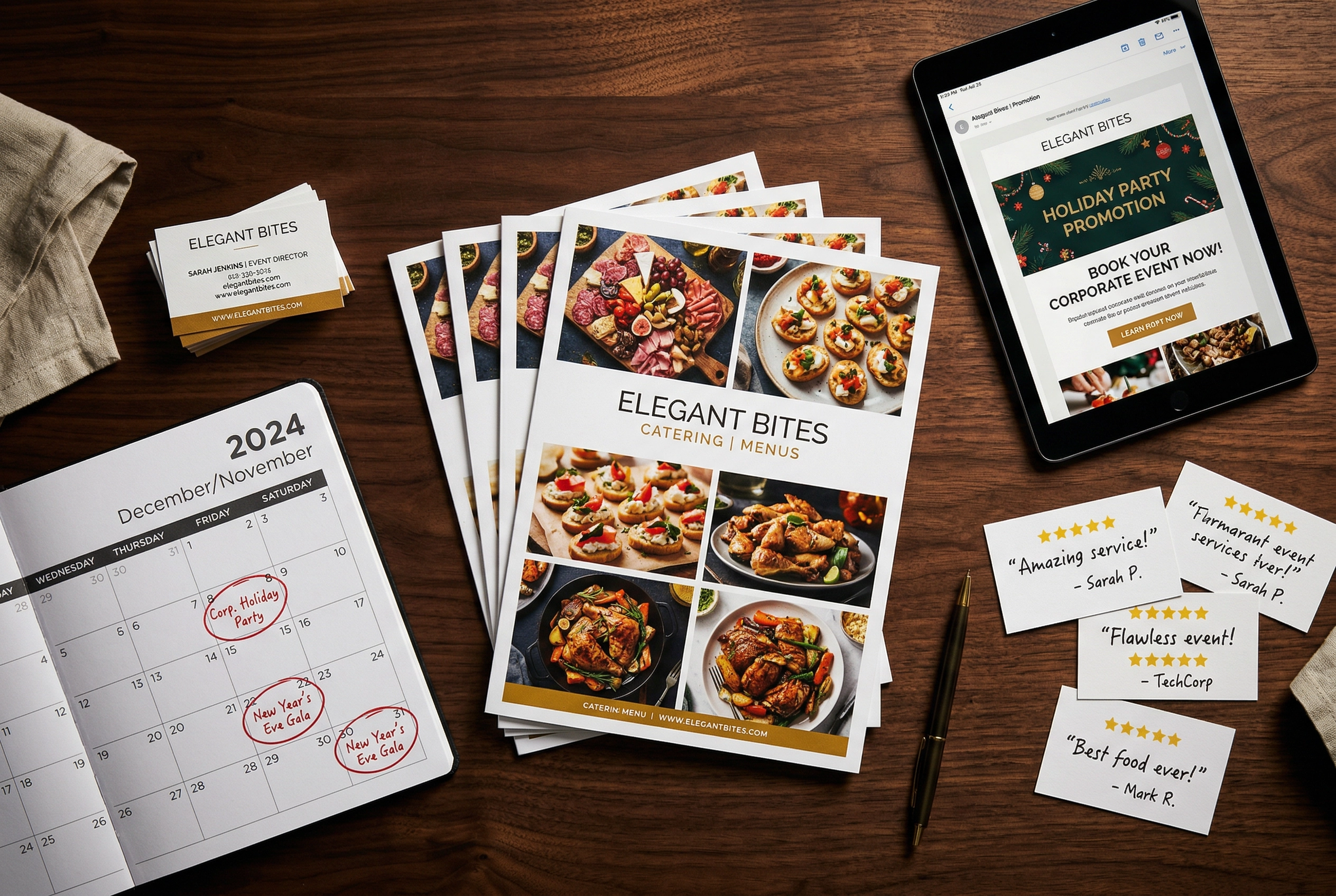 Flat-lay of catering marketing materials including menus, email newsletter, testimonials, and seasonal calendar