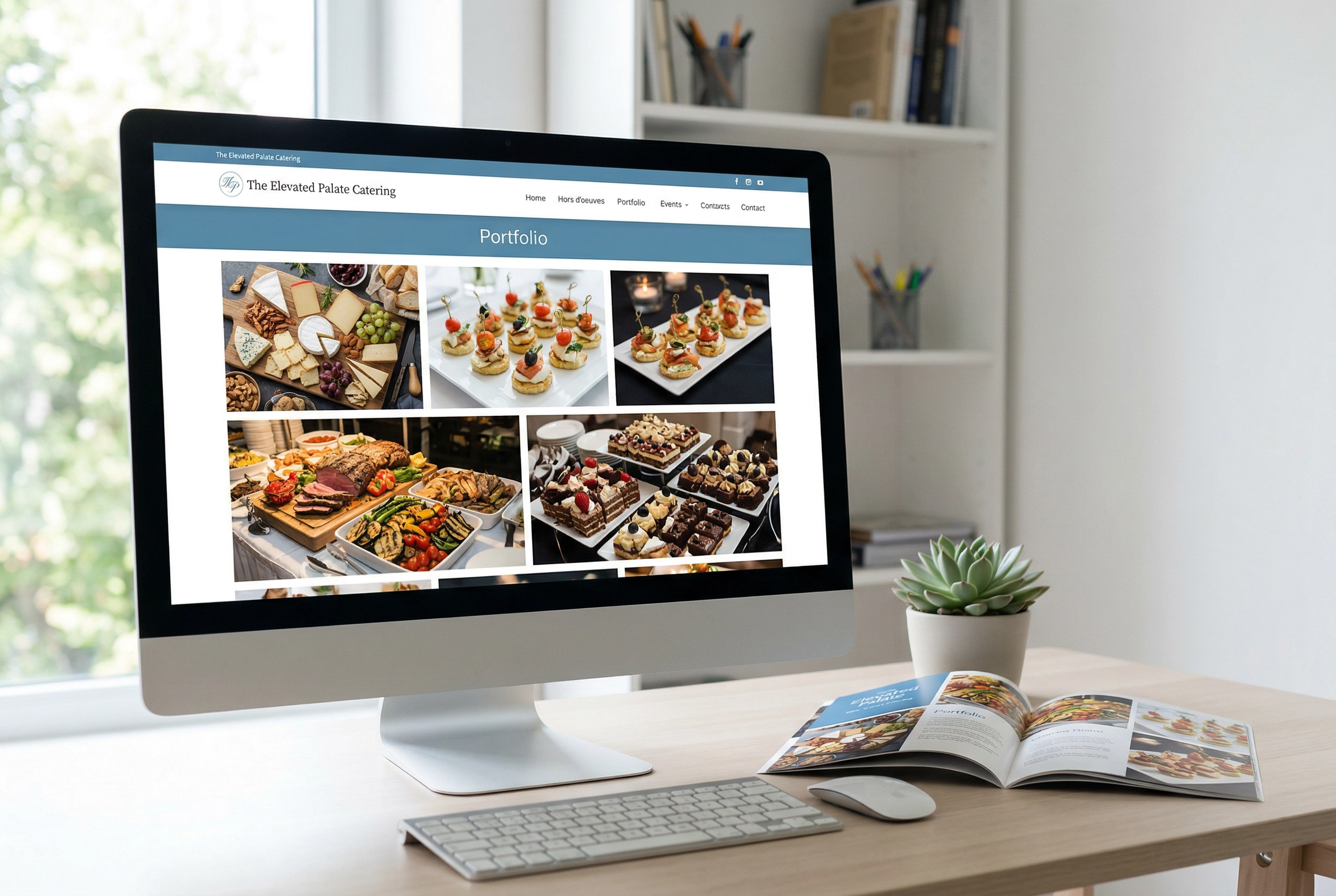 Catering portfolio website displayed on desktop monitor showing professional food photography of platters and events