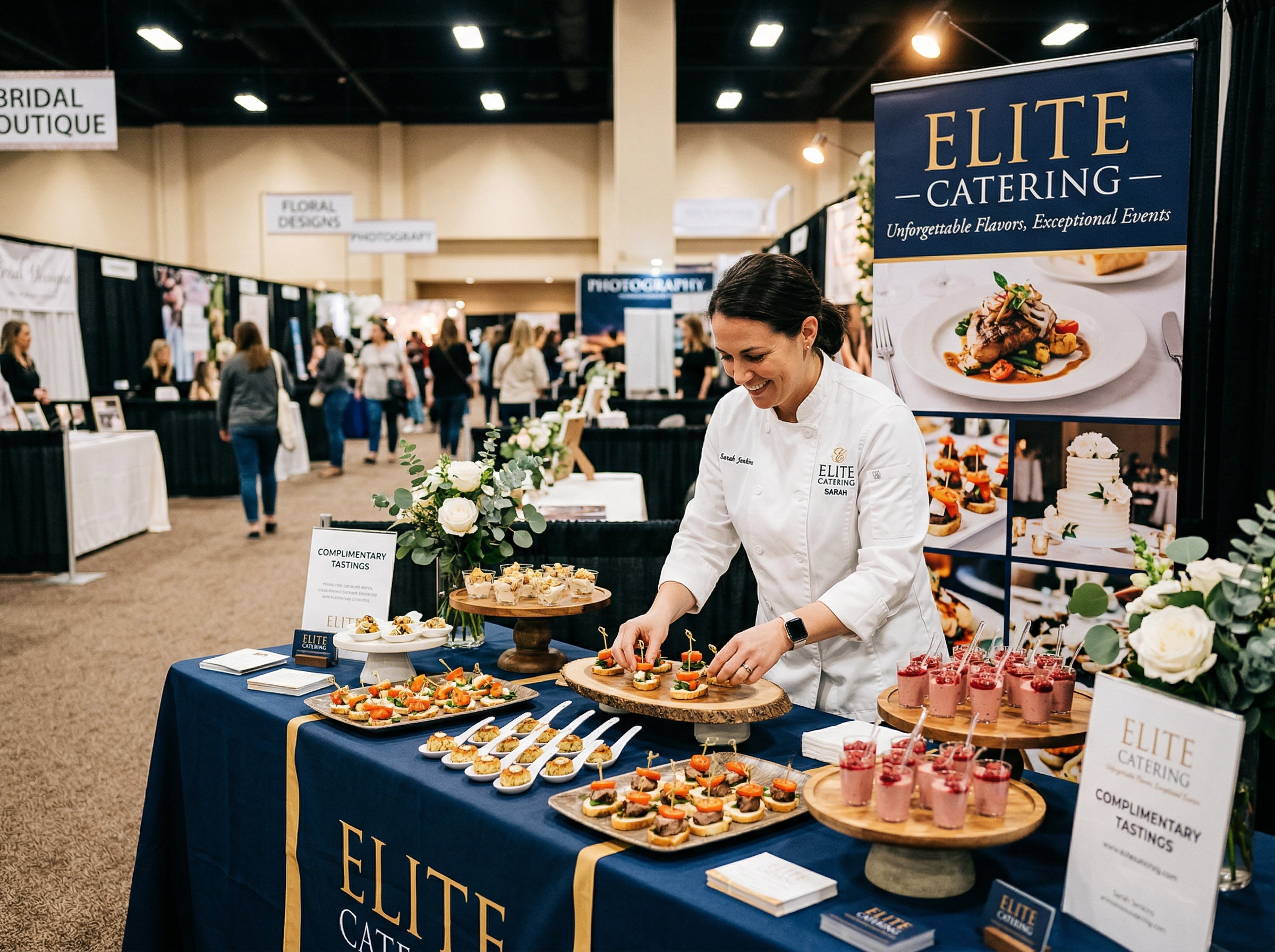 Caterer setting up a branded booth at a bridal expo with food samples and professional photography banner display