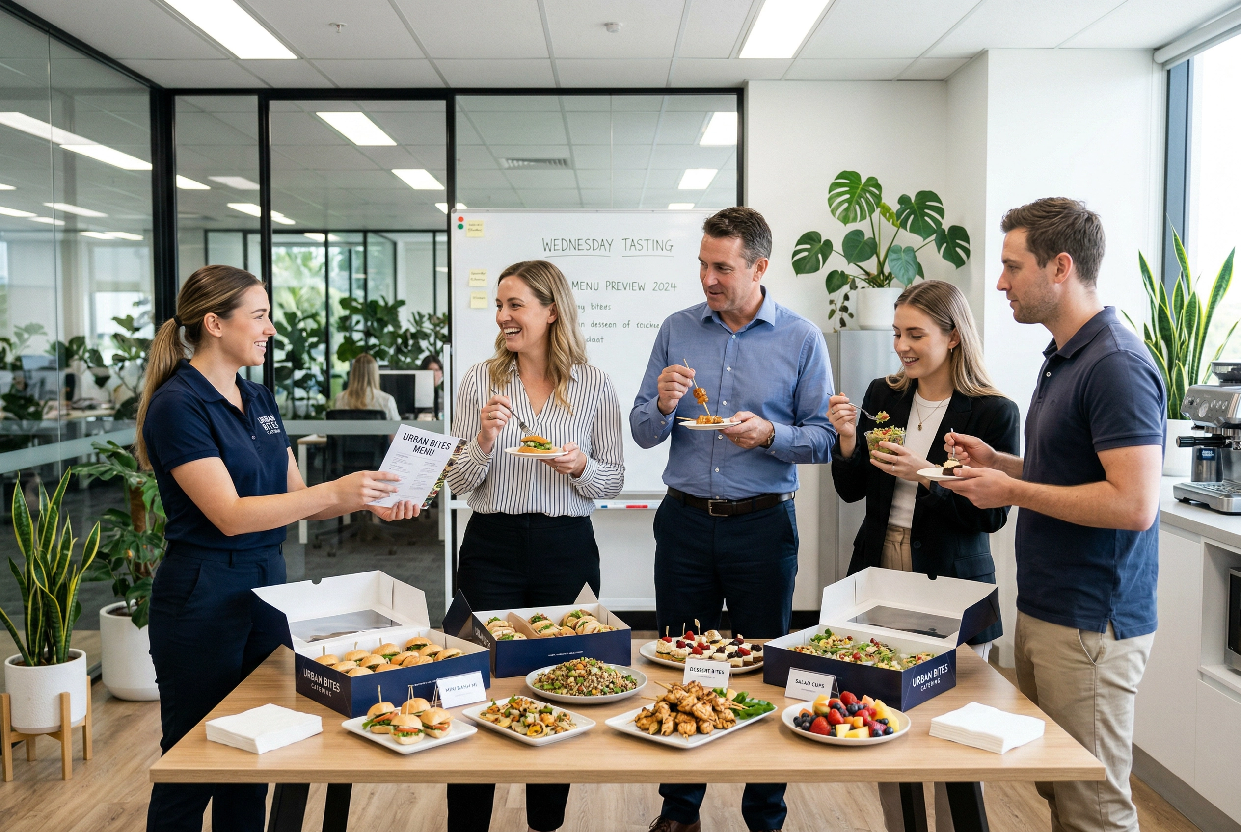 Corporate office tasting event with employees sampling catering food and receiving printed menus from caterer