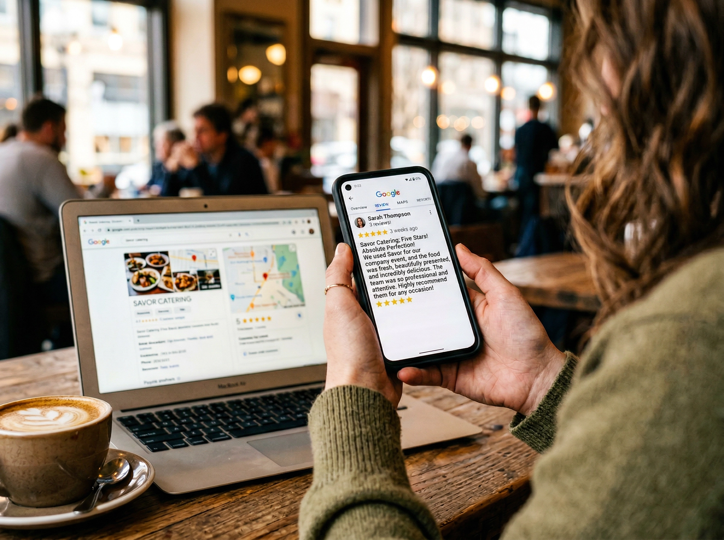 Five-star Google review for catering business displayed on smartphone with Google Business Profile on laptop behind