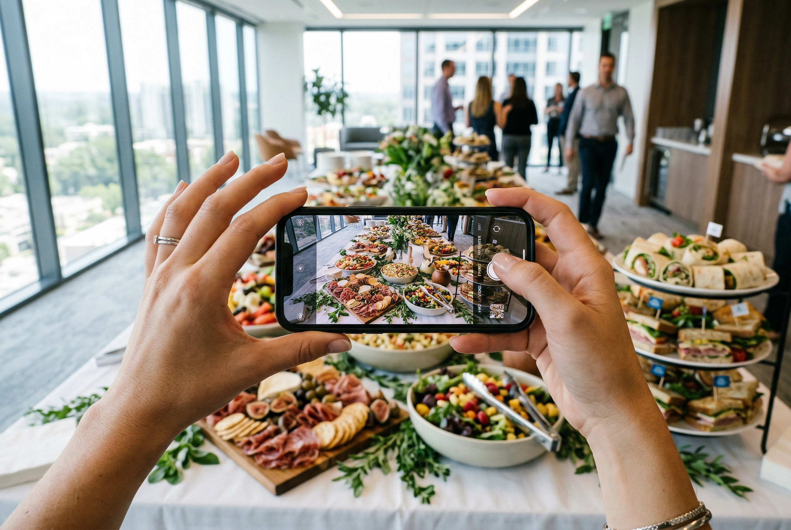 Hands photographing a catering buffet spread with smartphone for social media marketing content
