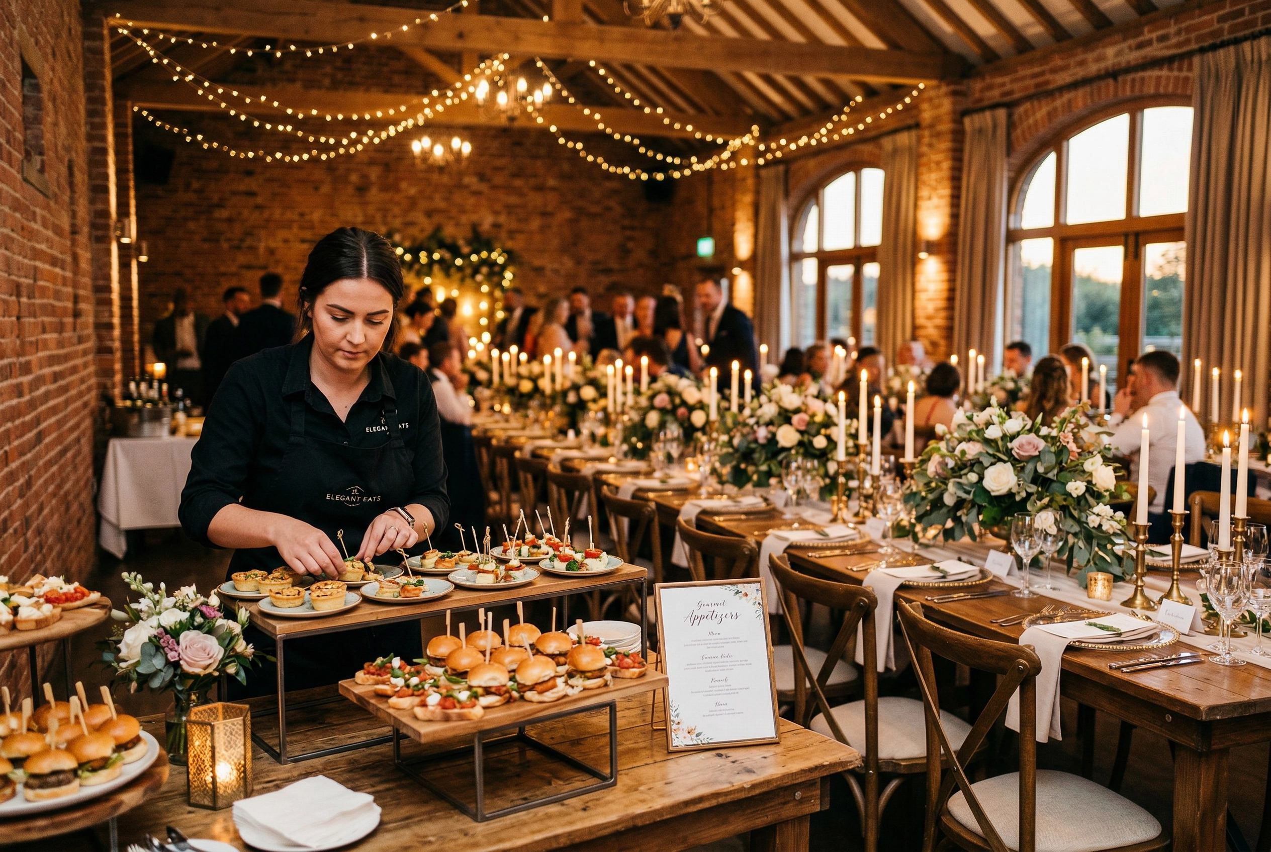 Wedding reception catering setup with caterer arranging appetizer platters at an elegant venue with string lights